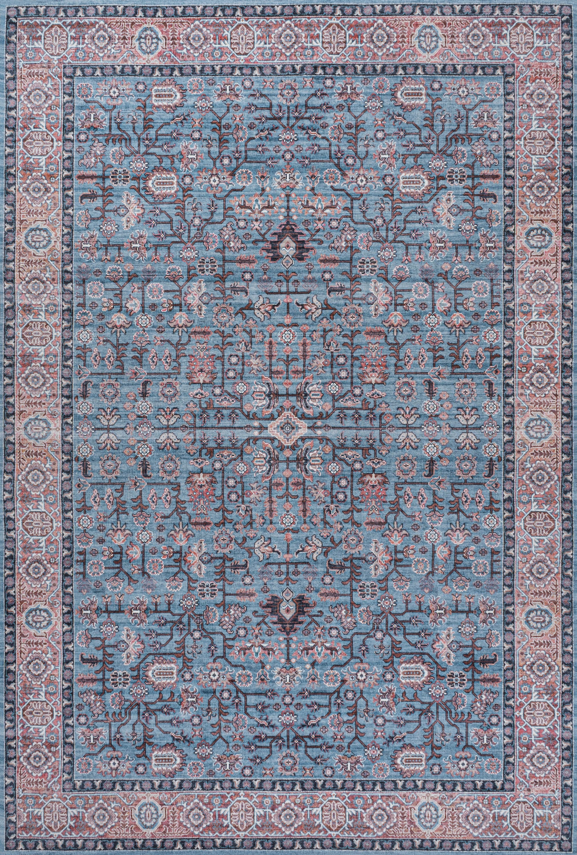 Persian-Inspired Blue and Red Chenille Washable Area Rug
