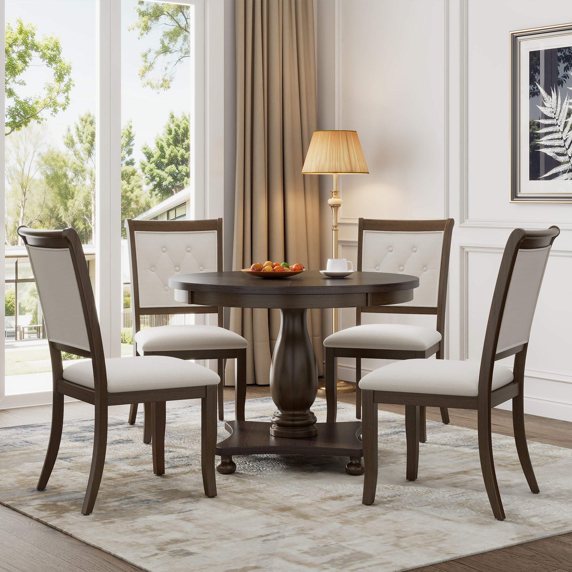 ModernLuxe ST000121AAP 5Piece Retro Dining Set Round Table with Pedestal Table Base and 4 Upholstered Chairs for Dining Room and Kitchen Espresso
