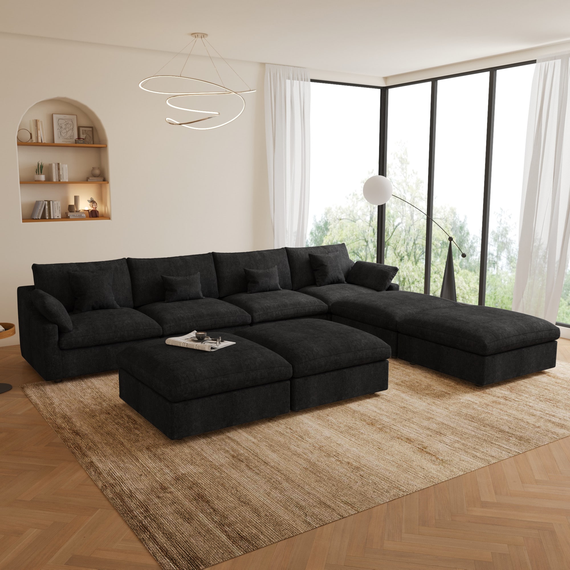 BuotiqHom DH-S4+4-140BK 156-in Modern Black Linen 6+ -seater Sectional