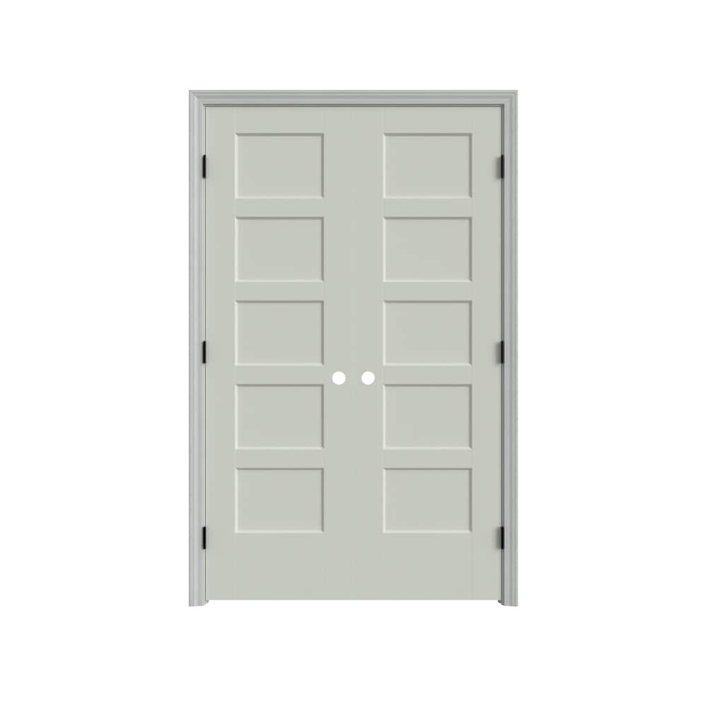 Masonite 640815 48-in x 80-in White Hollow core 5-panel square Bi-parting Smooth Primed Molded composite Flat Jamb Double Prehung Interior Door