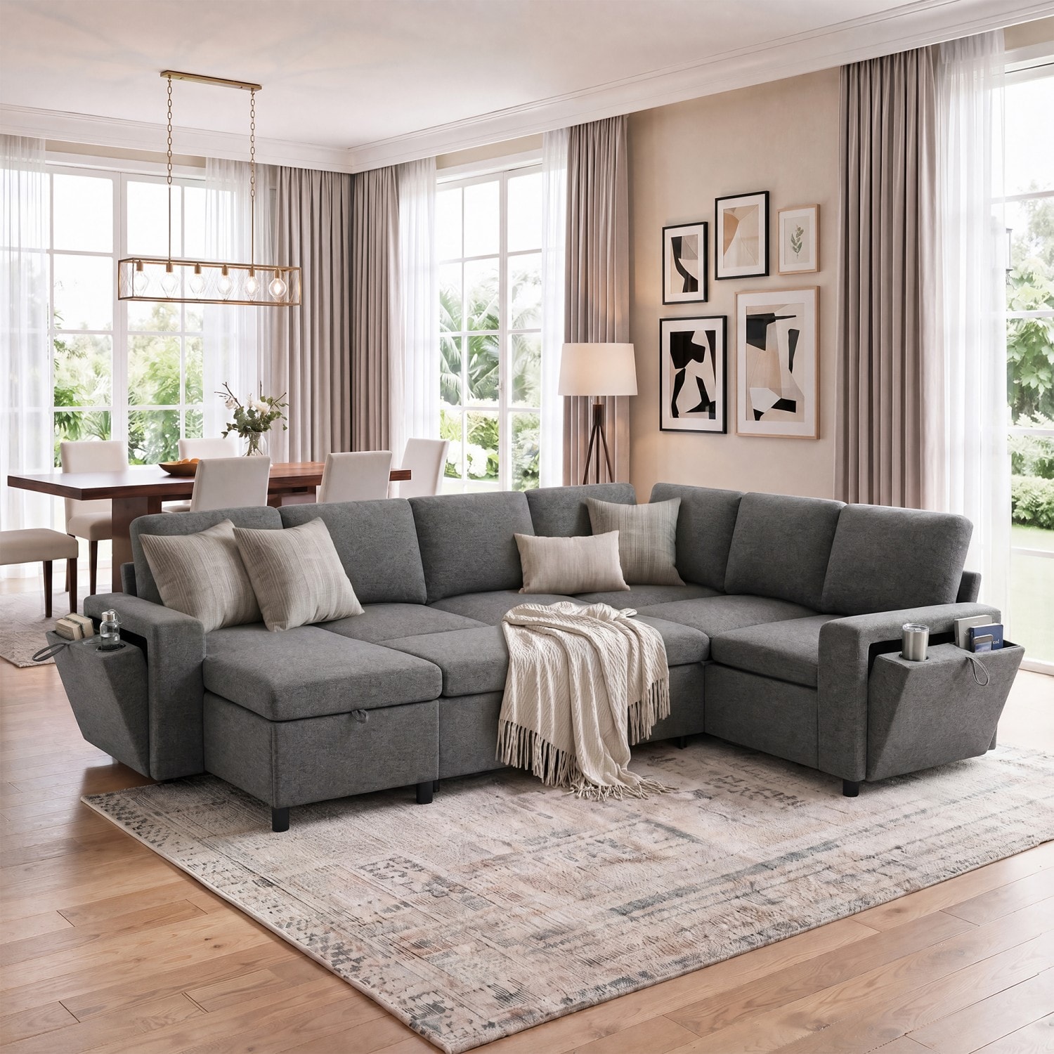 Clihome U-Shaped Convertible Sectional Sofa Bed with Storage, USB Charger Cup Holders 111.02-in W Modern Grey Chenille 6+seats Reclining Storage Sectional
