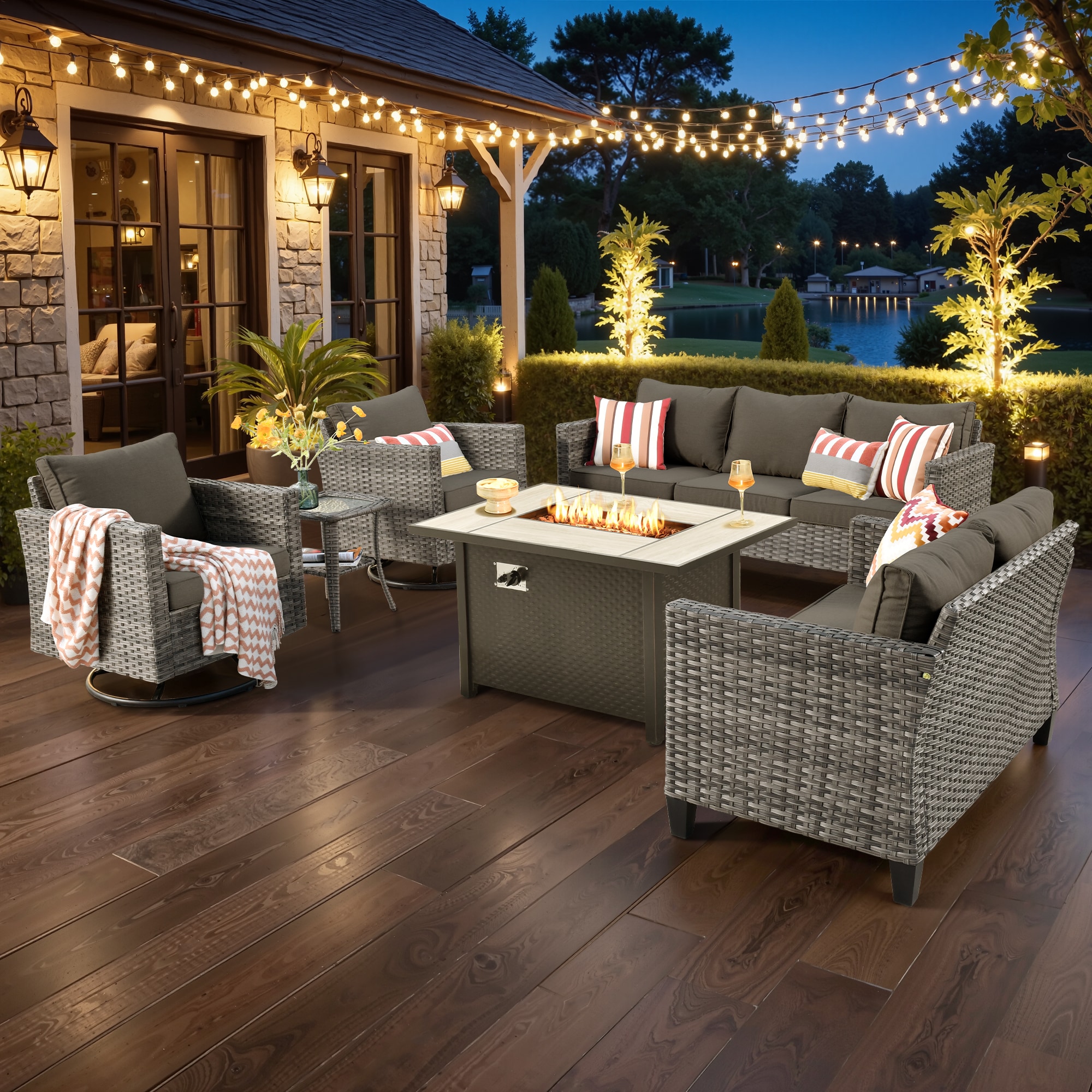 XIZZI XSQL1164-RC3IFP-1 Lullaby 6 -Piece Rattan Patio Sofa Conversation Set with Black Cushions