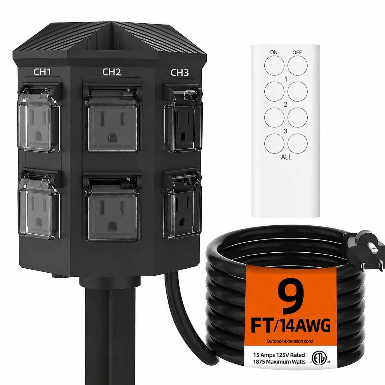 Phewnyzo 9 FT Outdoor Remote Control Power Strip with 6 Grounded ...