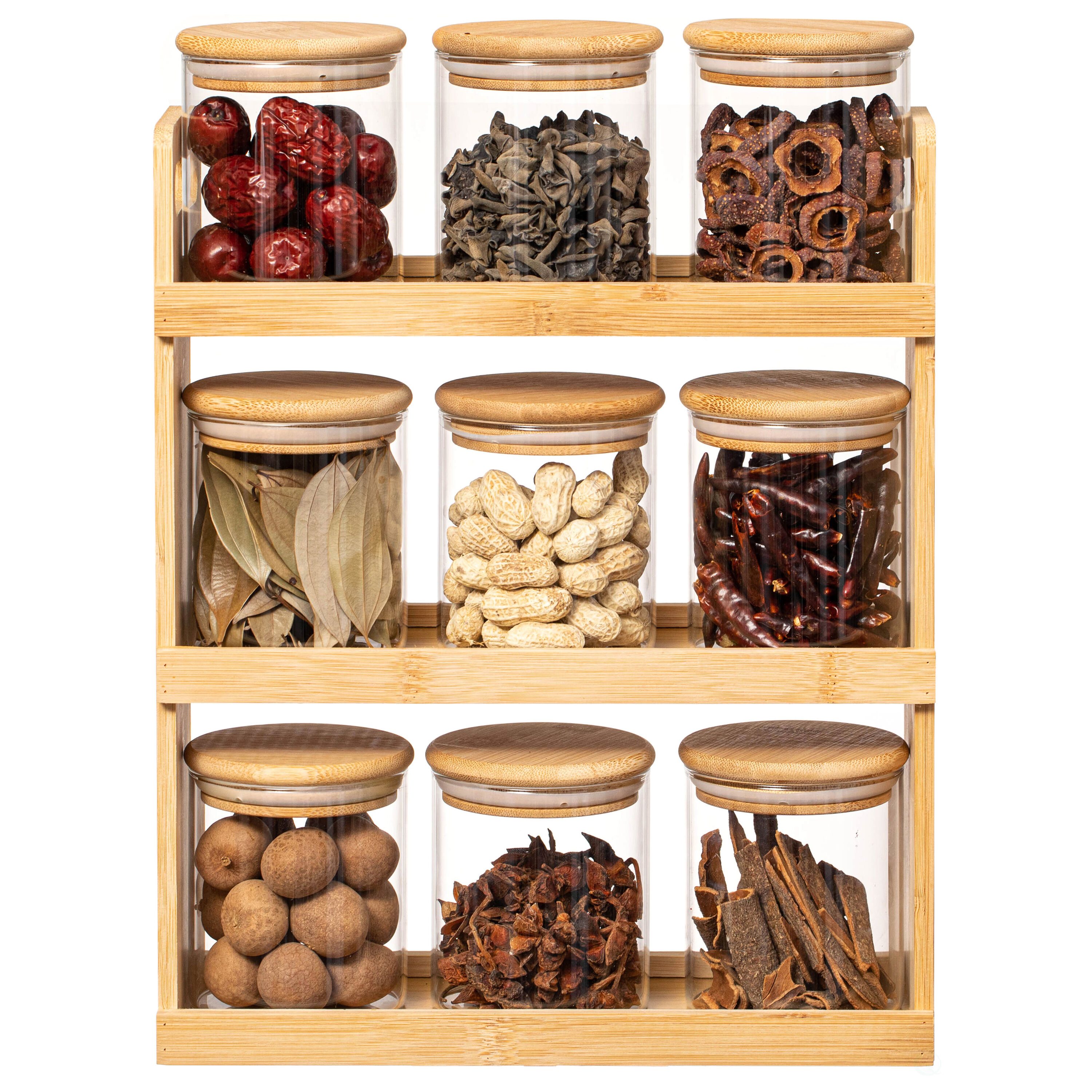 Basicwise QI004706.9 11-in W x 14.75-in H x 3.75-in D 3 -Tier Over-the-cabinet 9 Jars Wood Pull-out Spice rack