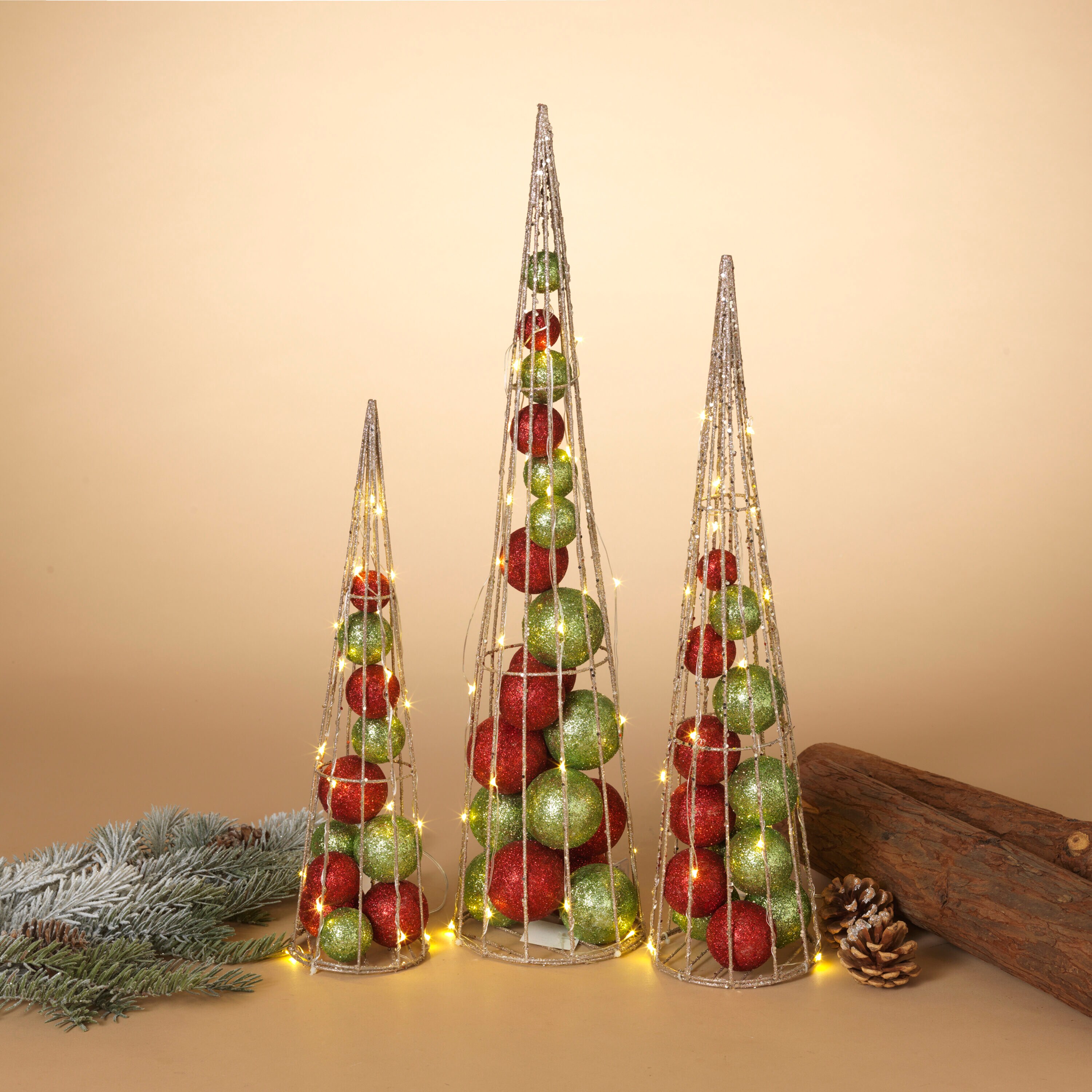 Set of 3 Lighted Red and Green Ornament Cone Trees