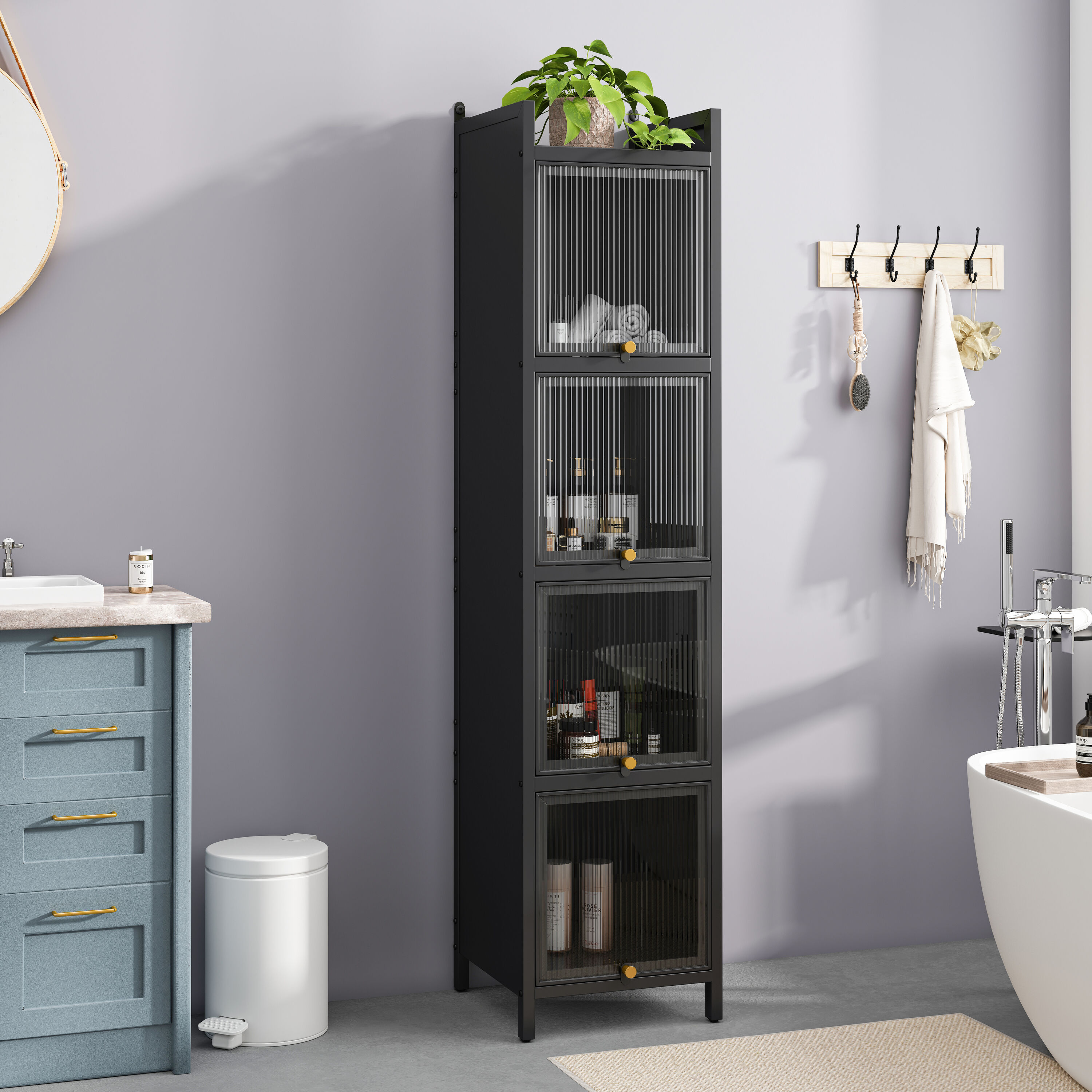 LUXEYARD Modern Fourtier Glass Door Cabinet with Featuring Fivetier Storage for Entryway Living Room Bathroom Dining RoomBlack