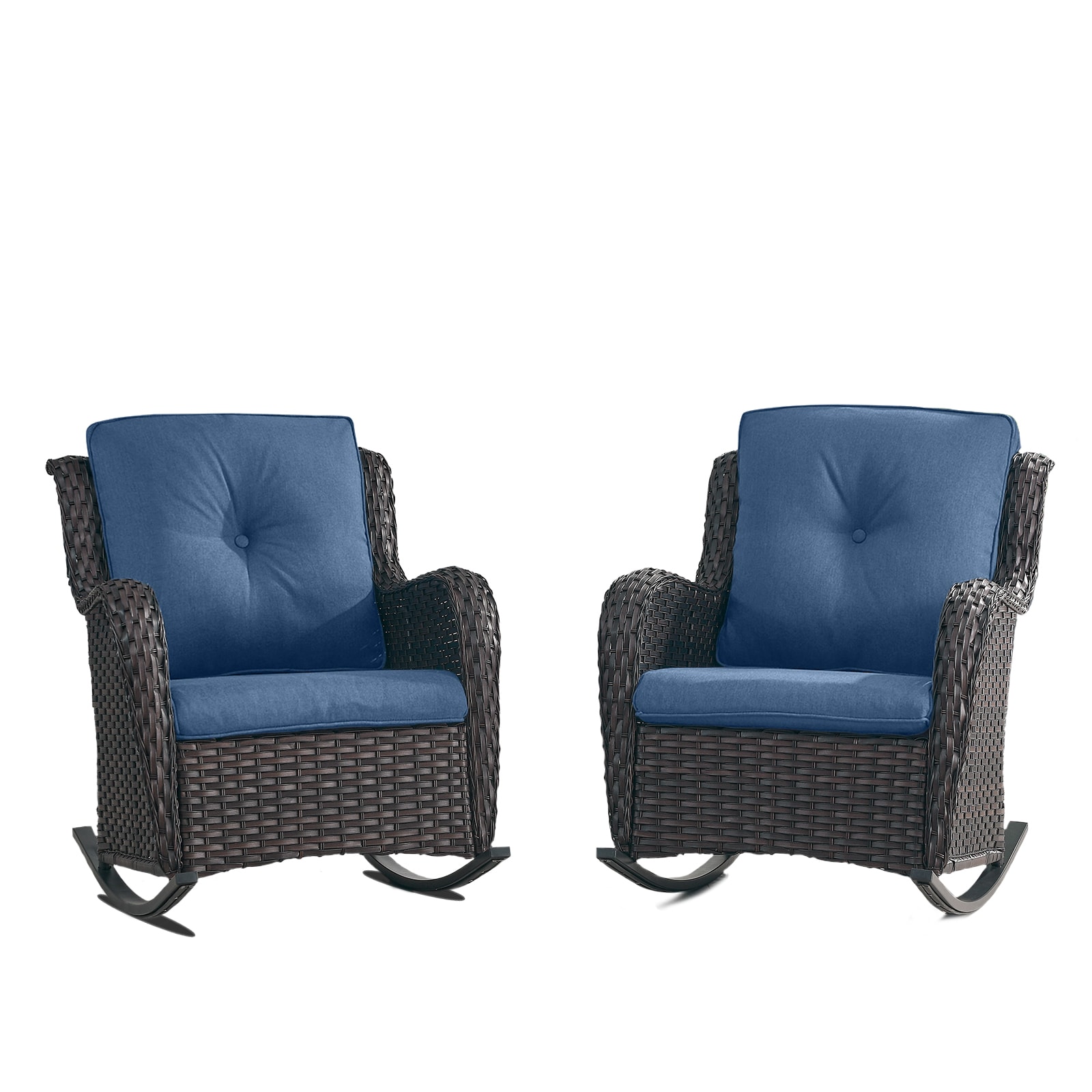 Rilyson FS101-1 Curved handrail Set of 2 Wicker Brown Wicker Frame Rocking Chair with Blue Blue Cushioned Seat
