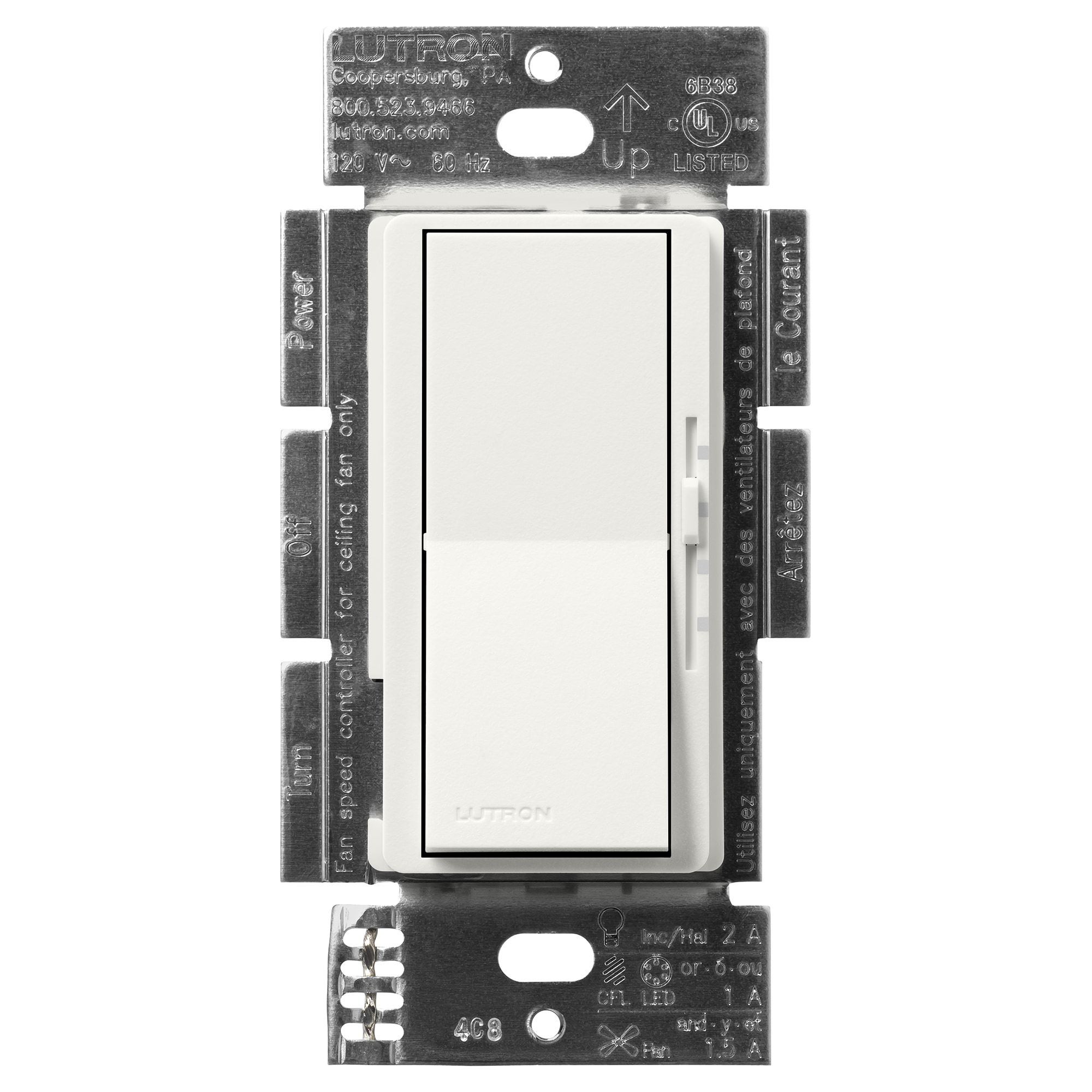 Lutron DVSCFSQ-LF-RW Diva Fan and Light Control 1.5 -Amp 3-speed Rocker Fan Control Architectural White
