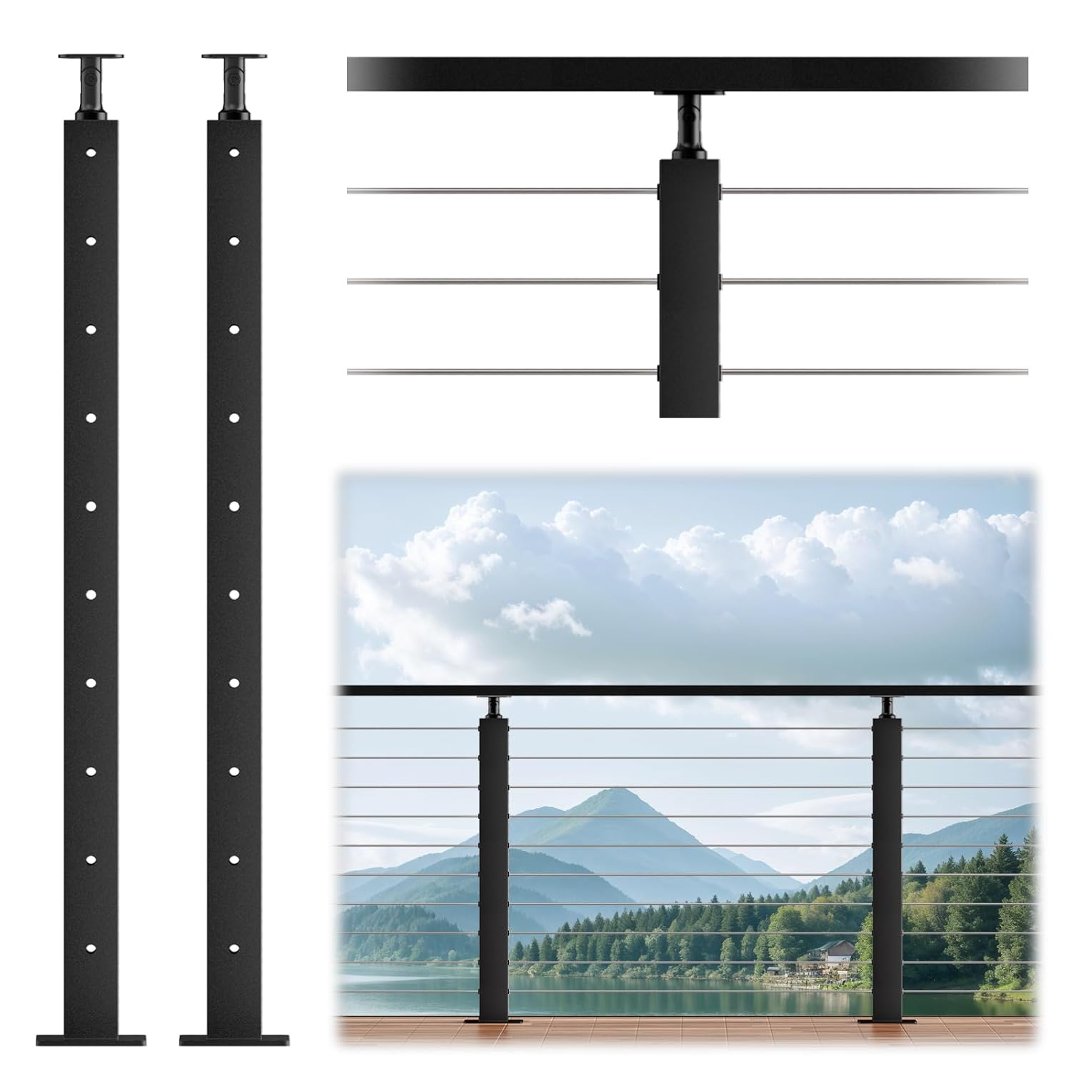 LOVMOR 36 inch H Black Cable Railing Level Post Mount Cable Railing System Kit Indoor Outdoor(2 Pack) #SF-R-LZ-2
