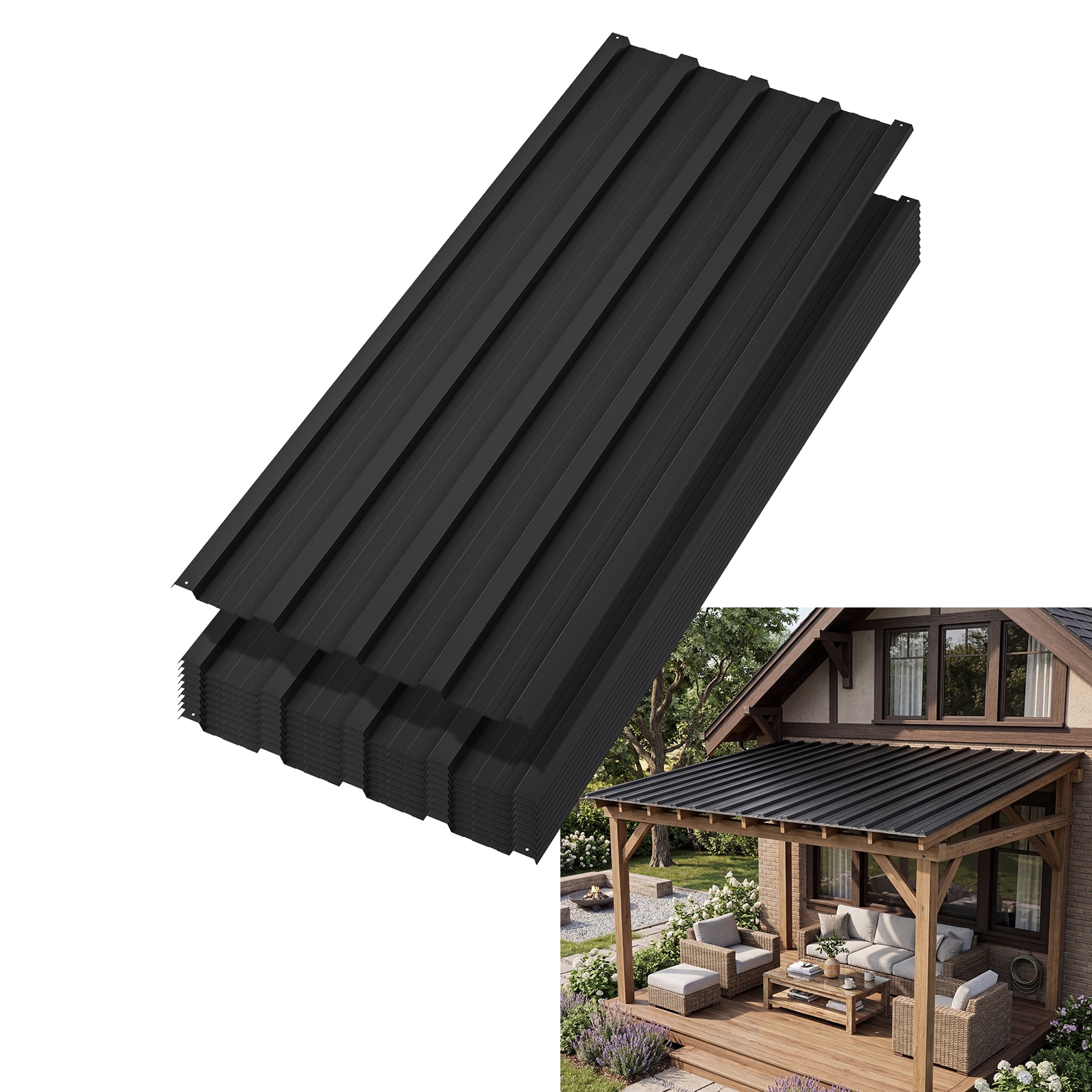 GarveeLife 10 Pack Black Corrugated Metal Roof Panels 42.52-in x 17.72-in Galvanized Steel Roof Sheets