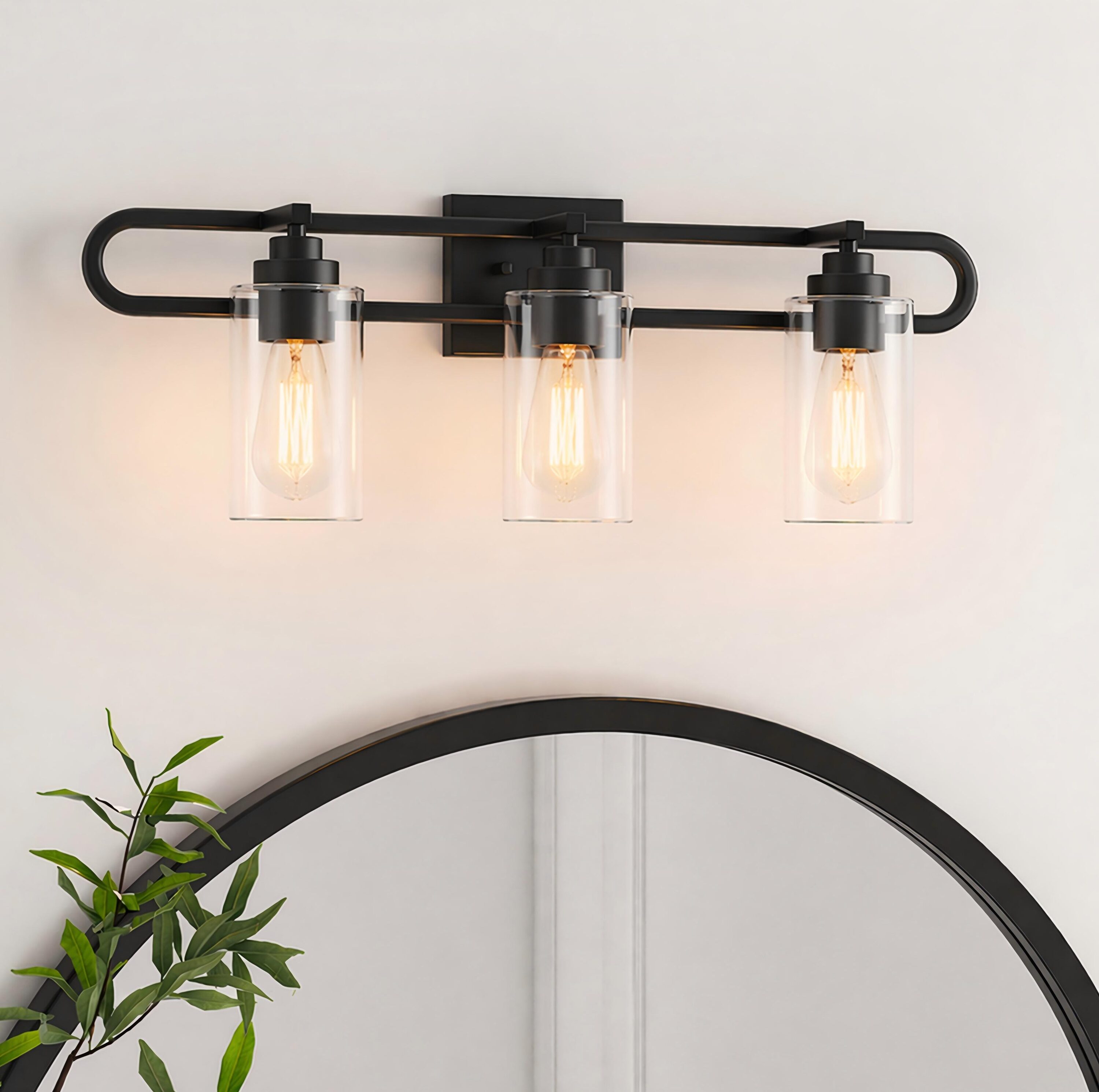 KAWOTI Keith 3-Light 29-in Matte Black Modern Vanity Light with Clear Glass Shade