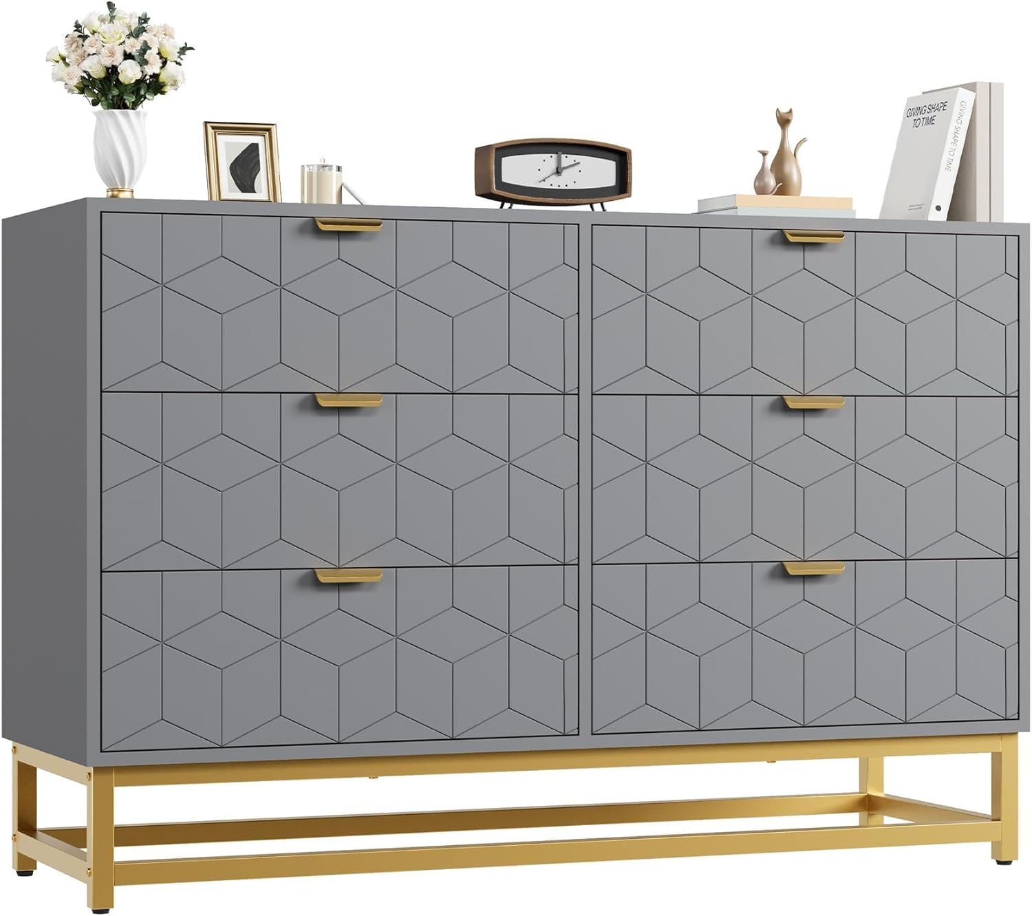Qeetex Grey Dresser  with Metal Legs Wide Storage Modern Chest of Drawers for Bedroom Living Room Hallway