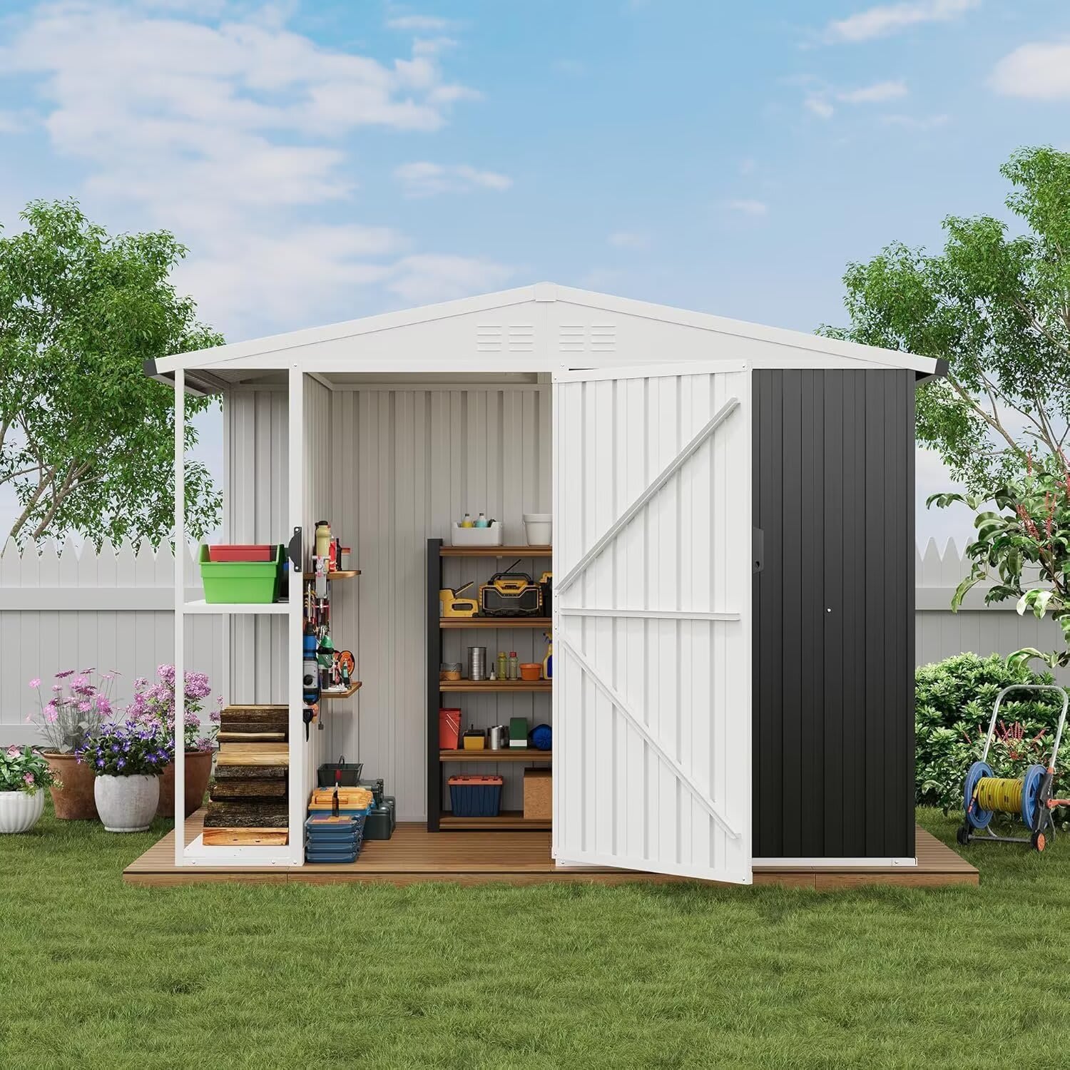 Qeetex JXNAG-PHO-33QAPLGM 8x4 FT Outdoor Storage Shed with 2-Tier Shelf Heavy-Duty Weatherproof Garden Tool Shed Lockable Double Doors and Open Shelves for Lawn Equipment Patio Furniture Backyard Organization