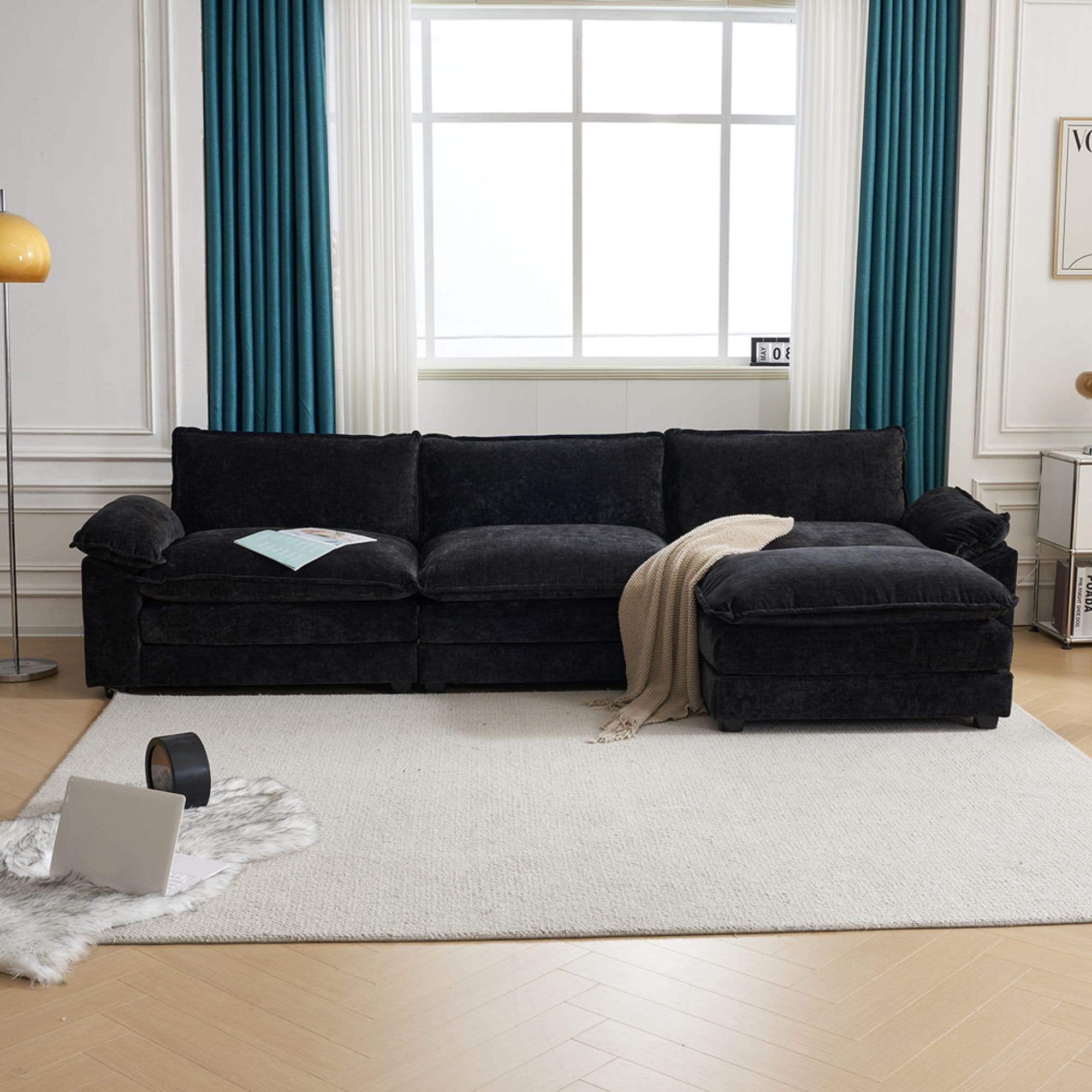 Winado -  120 in. W Pillow Top Arm Chellie 3-Seat L-shaped Modern Sofa in Black with Ottoman