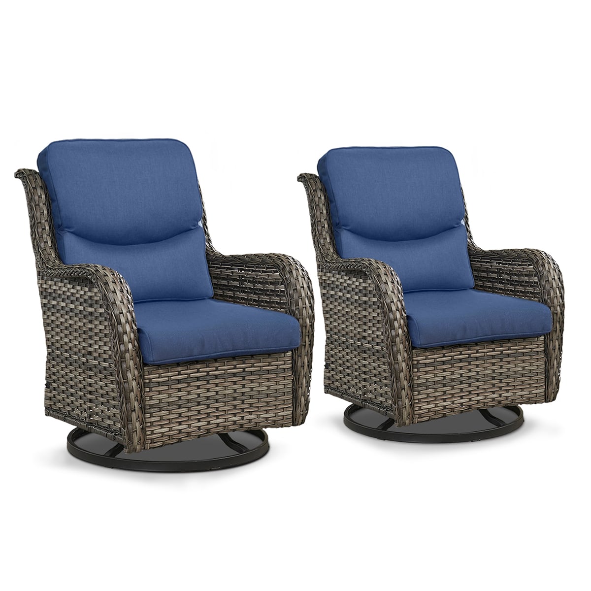 Rilyson FSXL024-1 Smiley Set of 2 Wicker Gray Wicker Frame Swivel glider Conversation Chair with Gray Blue Cushioned Seat