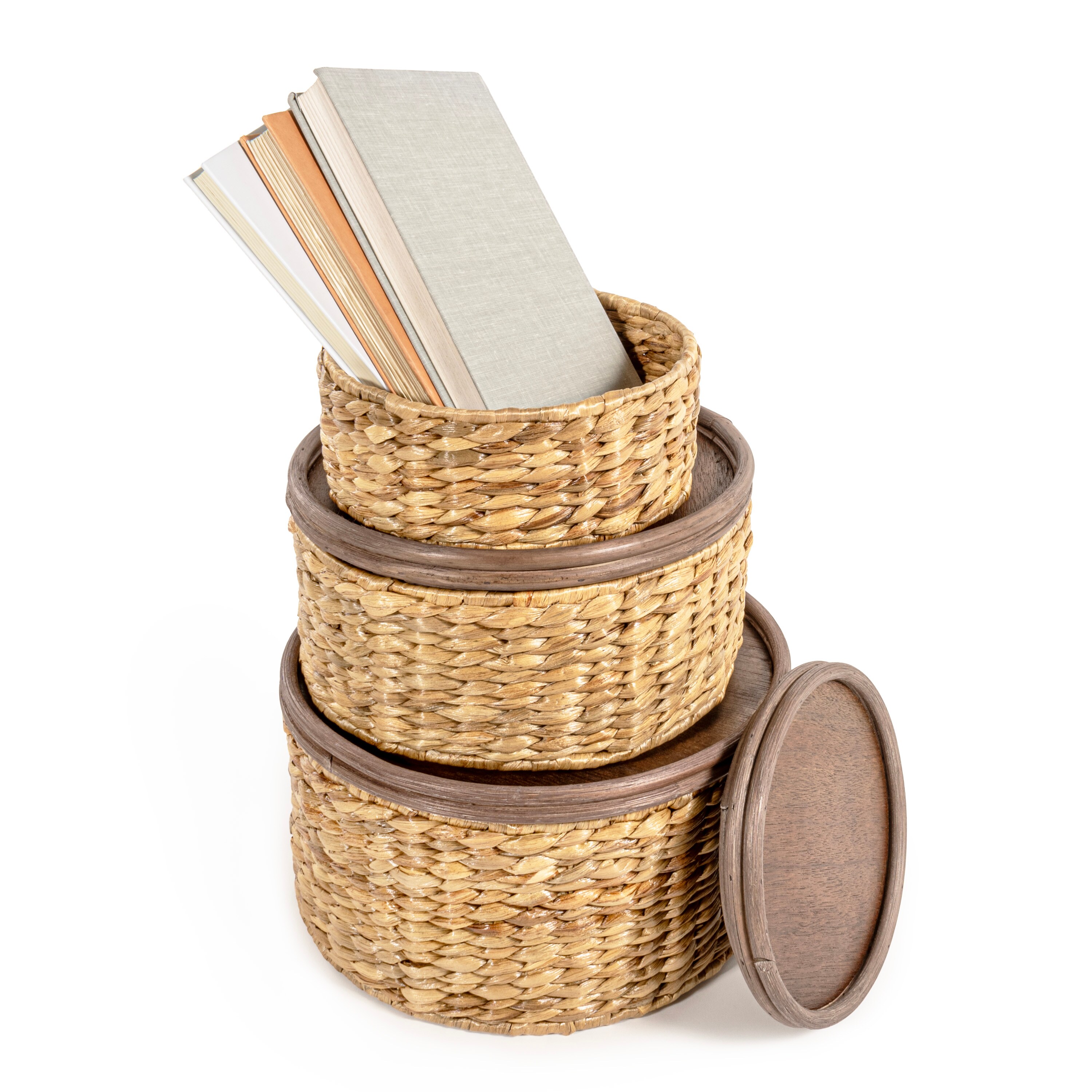 Natural Hand-Woven Hyacinth Round Storage Baskets with Wood Lids, Set of 3