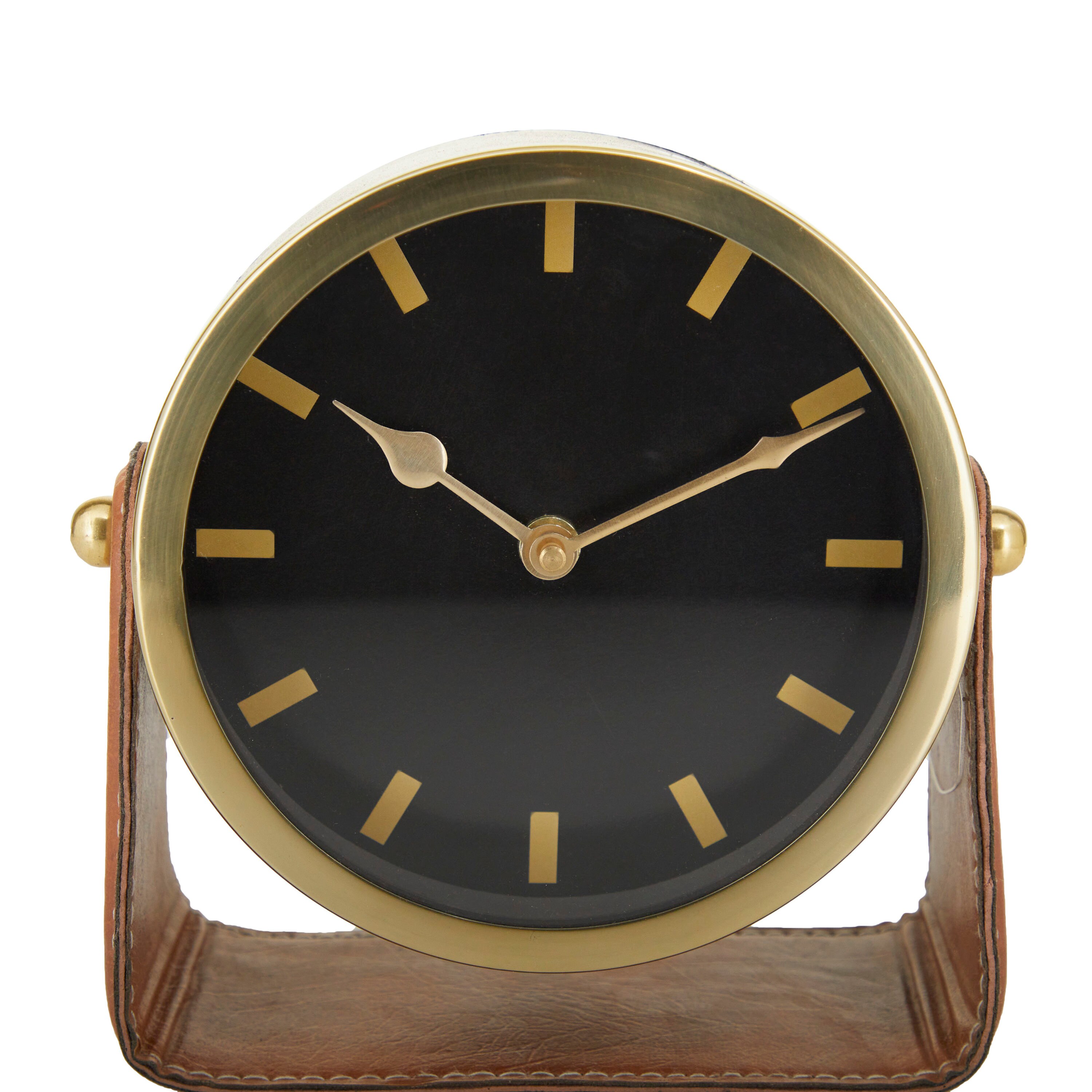 Gold Stainless Steel Round Desk Clock with Leather Stand