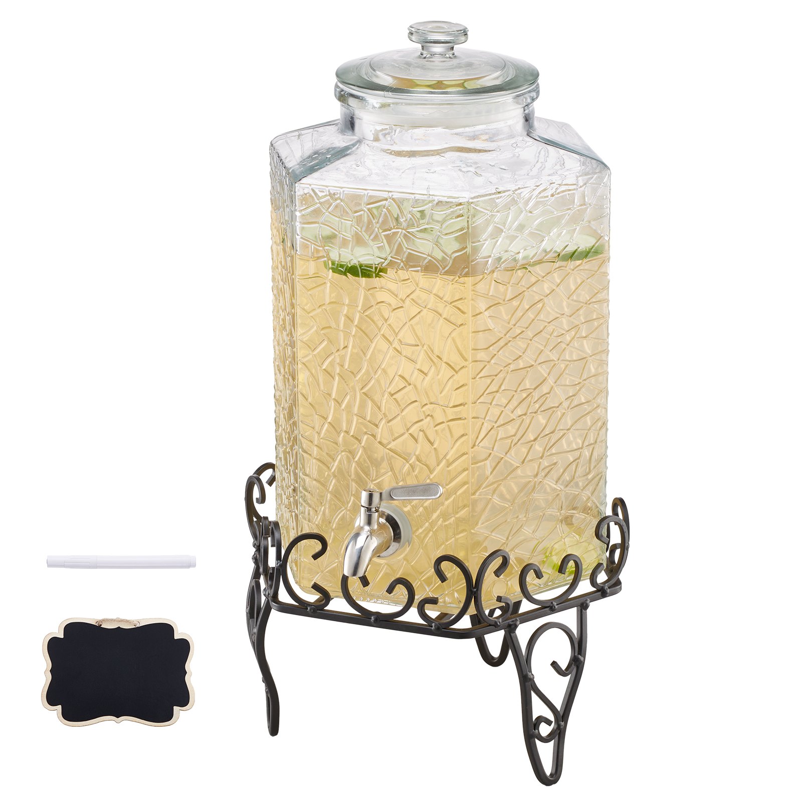 Mecale Beverage Dispenser 2.5 Gallon Glass Drink Dispenser with Spigot and Metal Stand for Parties Black #YAS-8JAVI3