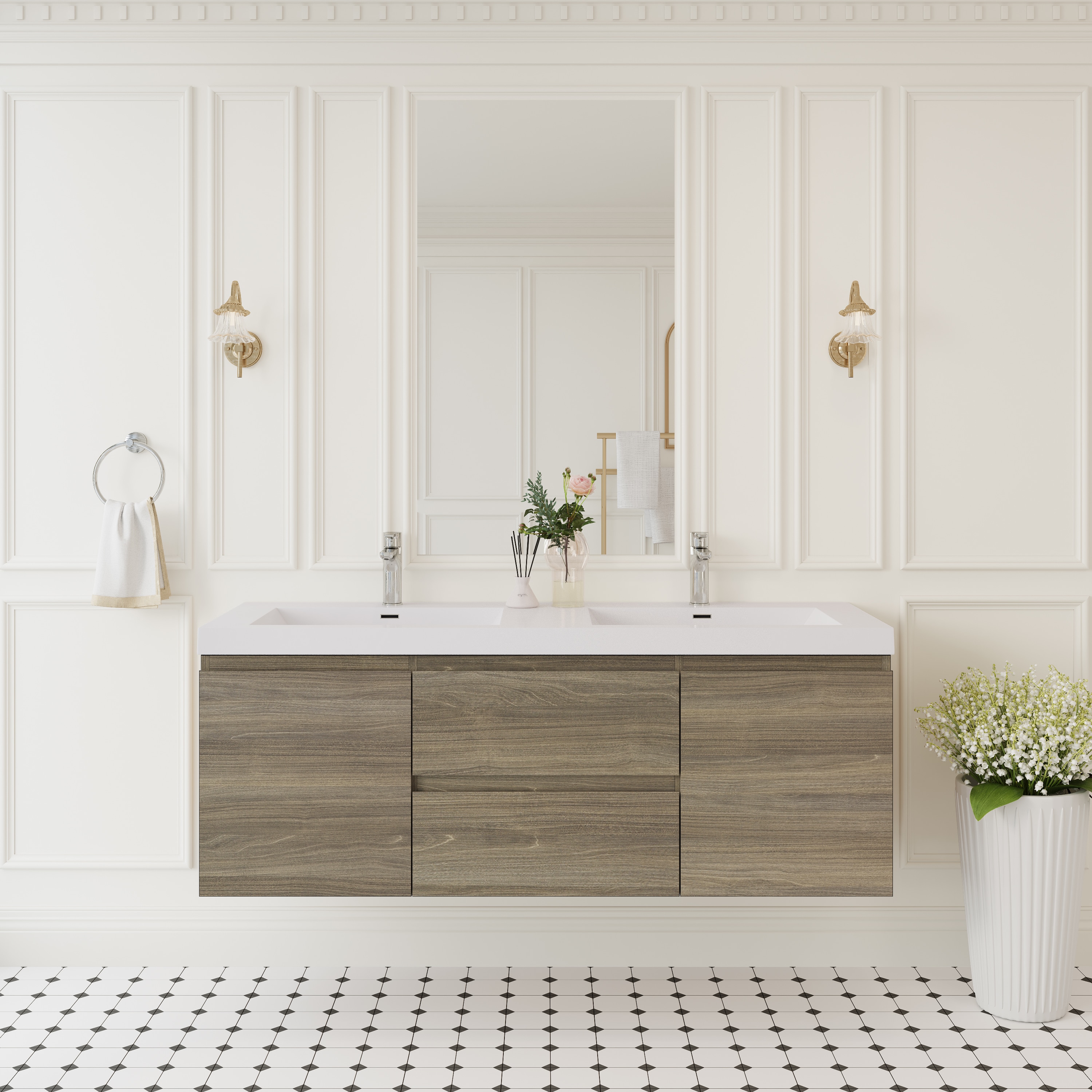 LOVMOR SF-M-W1573P152707 60Inch Floating Bathroom Vanity with Sink Modern WallMounted Bathroom Storage Vanity Cabinet with Double Resin Top Basins and Soft Close Drawers Ash Grey