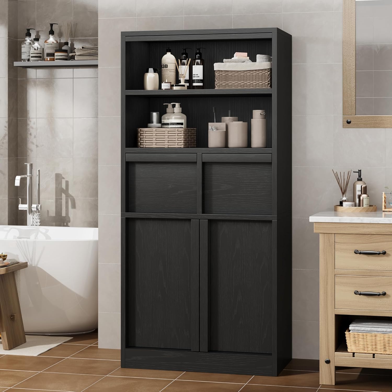 Garvee Tall Bathroom Cabinet Floor Storage Cabinet with Doors 2 Drawers ...