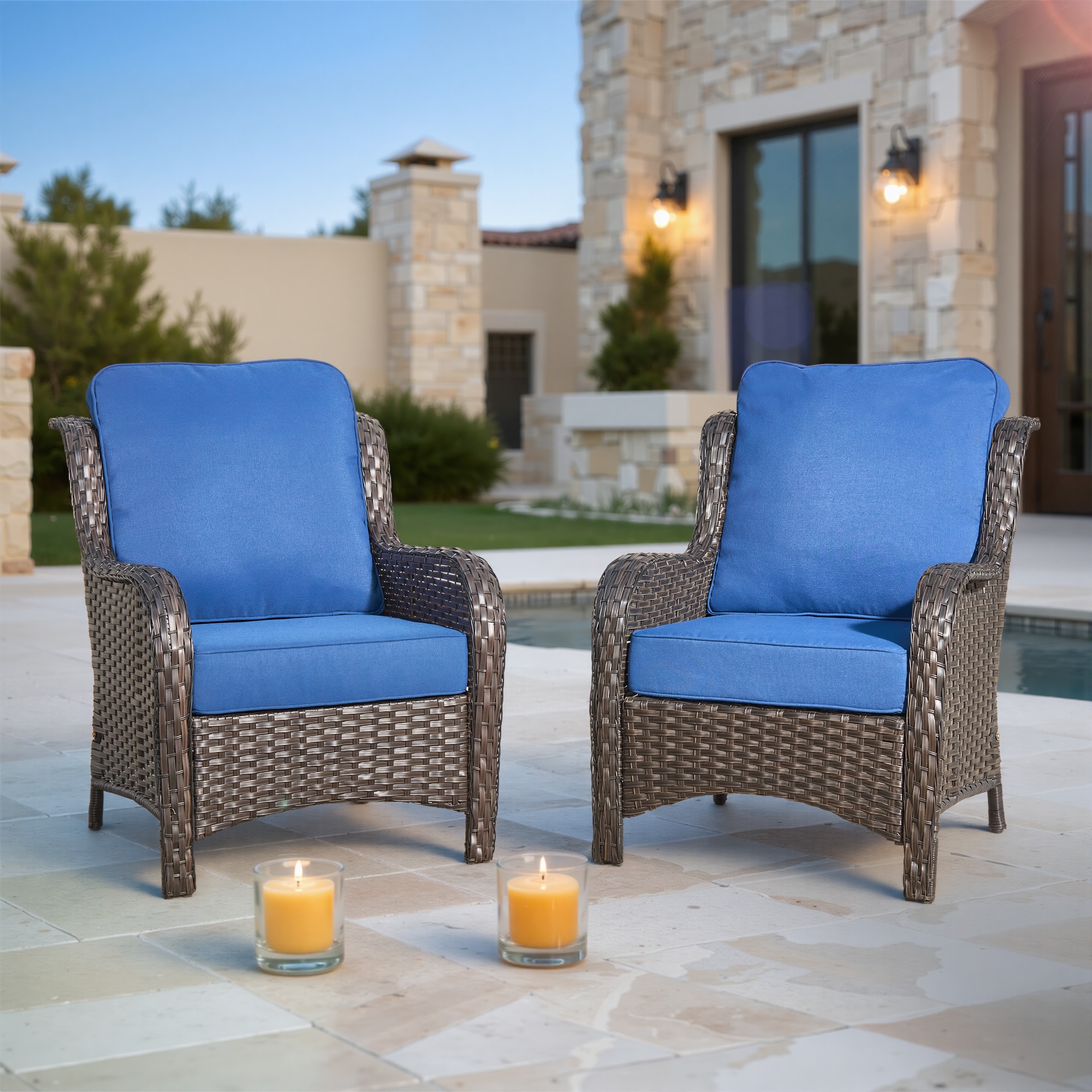 Ovios - Set of 2 Rattan Black Metal Frame Stationary Conversation Chair with Navy Cushioned Seat