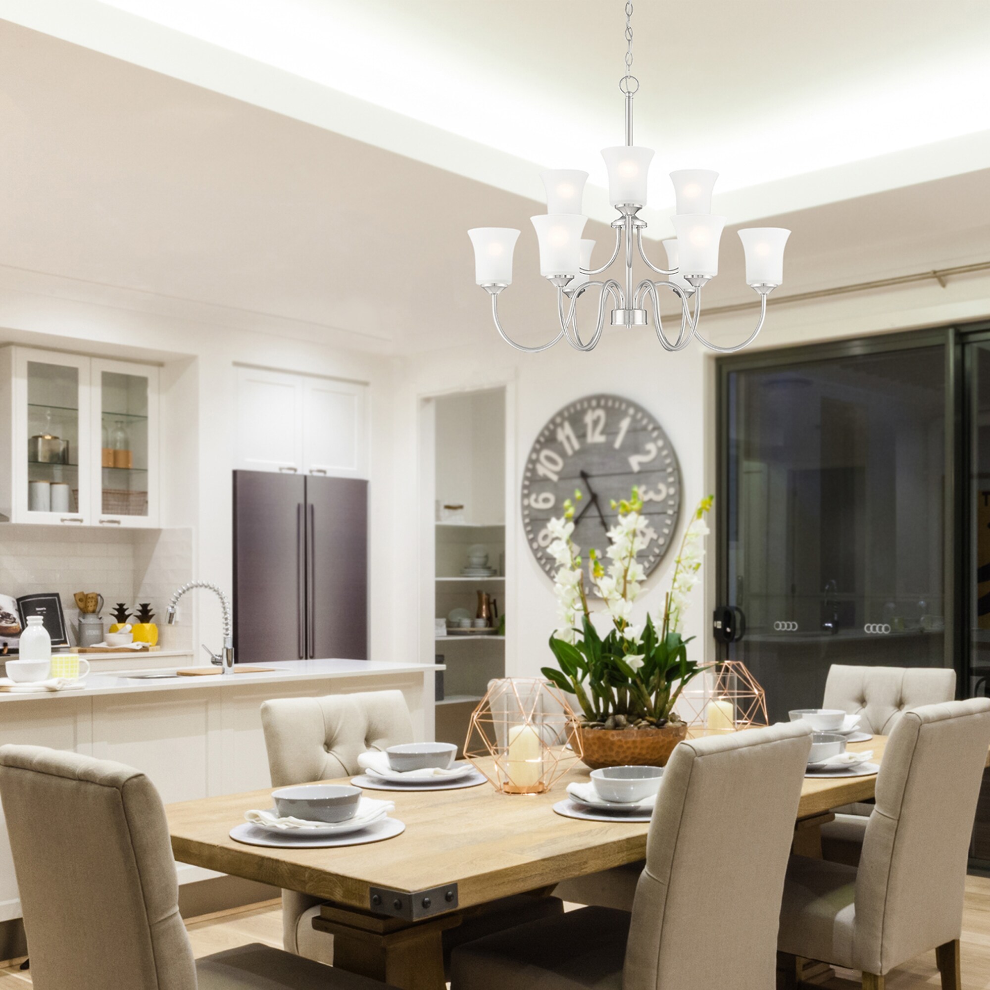 Bronson Brushed Nickel 9-Light Chandelier with Frosted Glass Shades