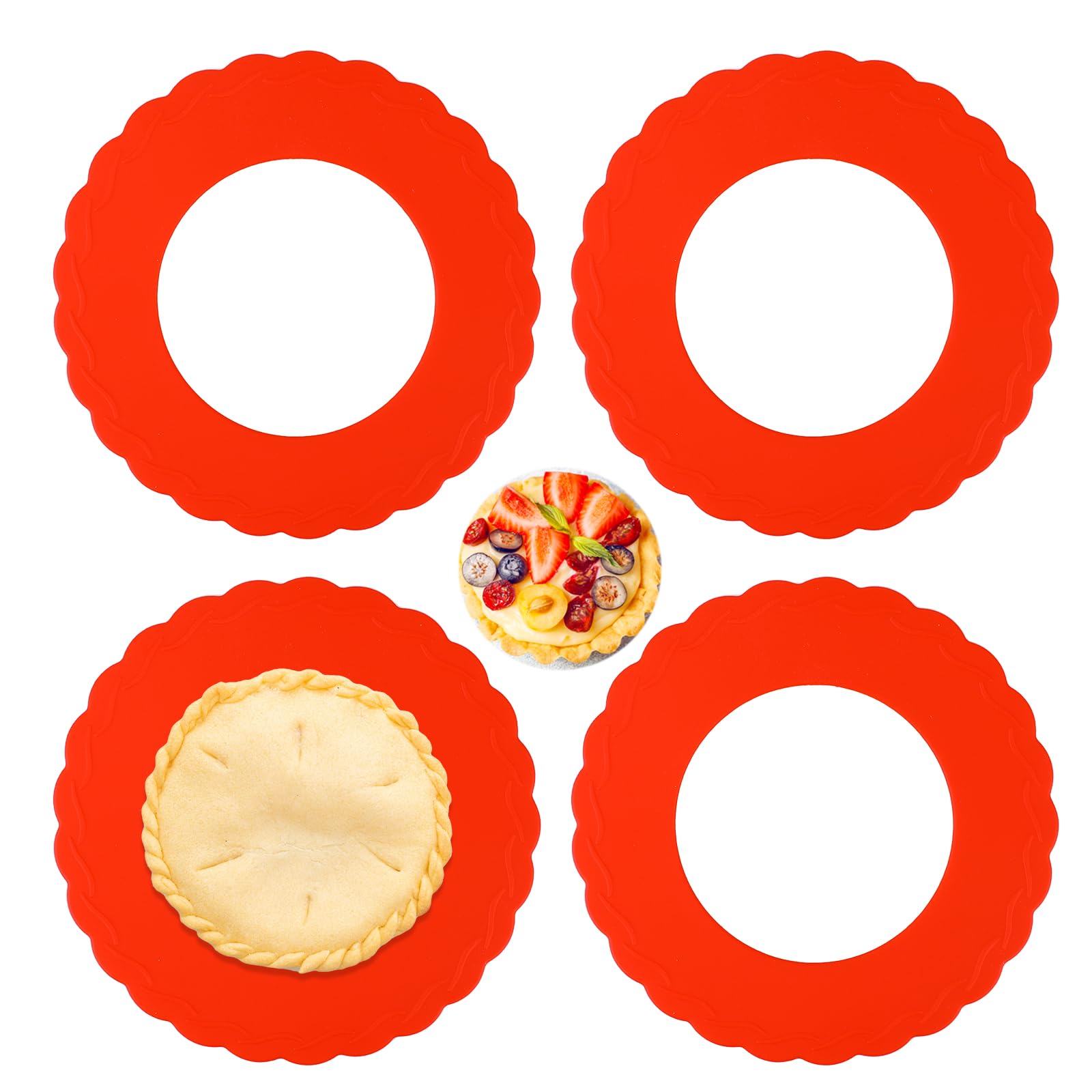 Aoibox  4 Piece Red Silicone Pie Crust Shields for 3 5 6 in Edges Protectors for Baking to Prevent Burning Kit