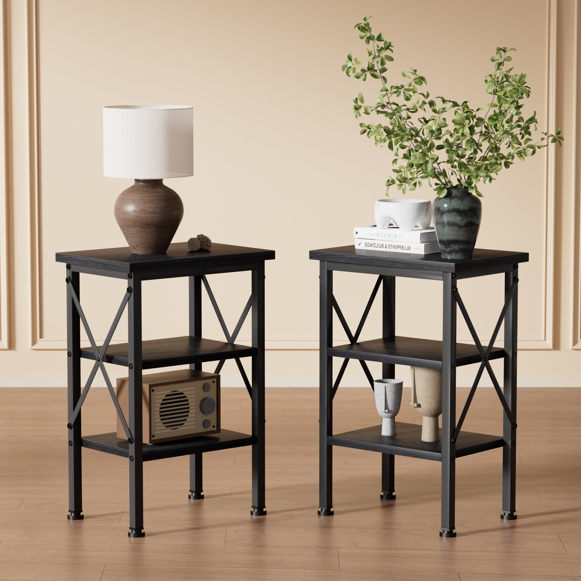 Vecelo - Set of 2 Nightstand Bedside Tables 3 Tier End Tables Small Side Tables with Storage Shel...