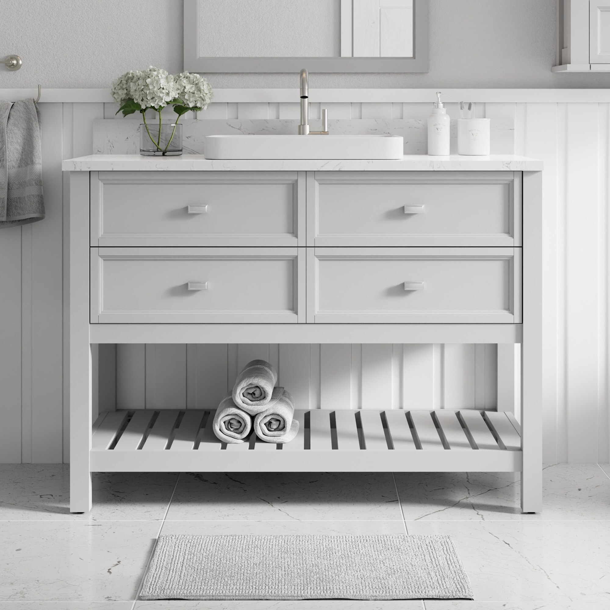 Canterbury 48-in Light Gray Semi-recessed Single Sink Bathroom Vanity with Carrara Engineered Marble Top | - allen + roth 1227VA-48-242-925-SR