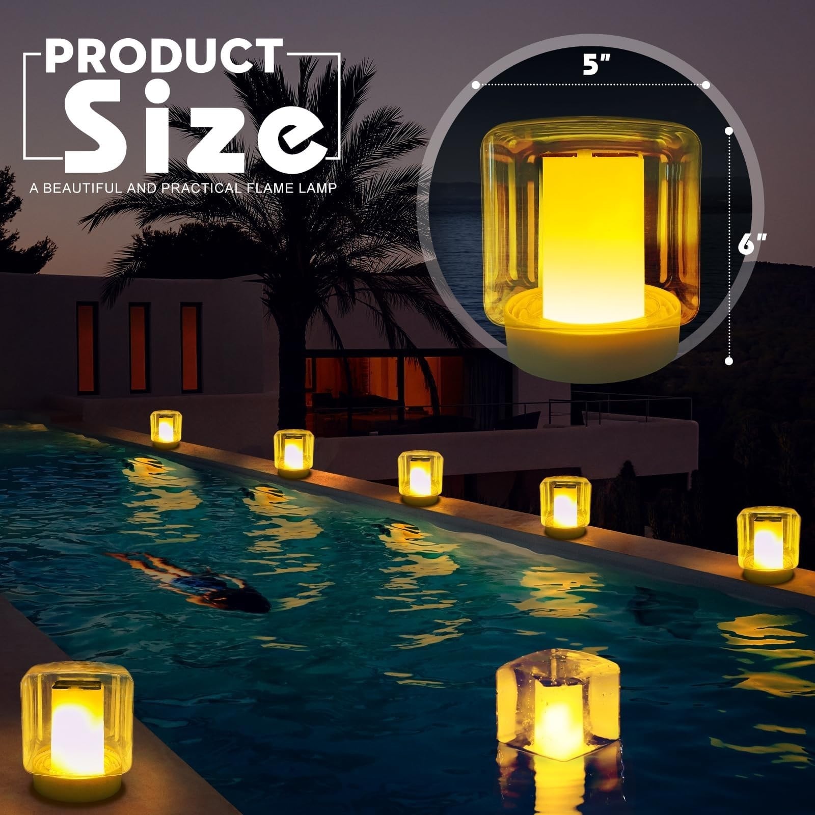 Haisijing 2 Pack Solar Floating Pool Lights with Flame Effect Square ...