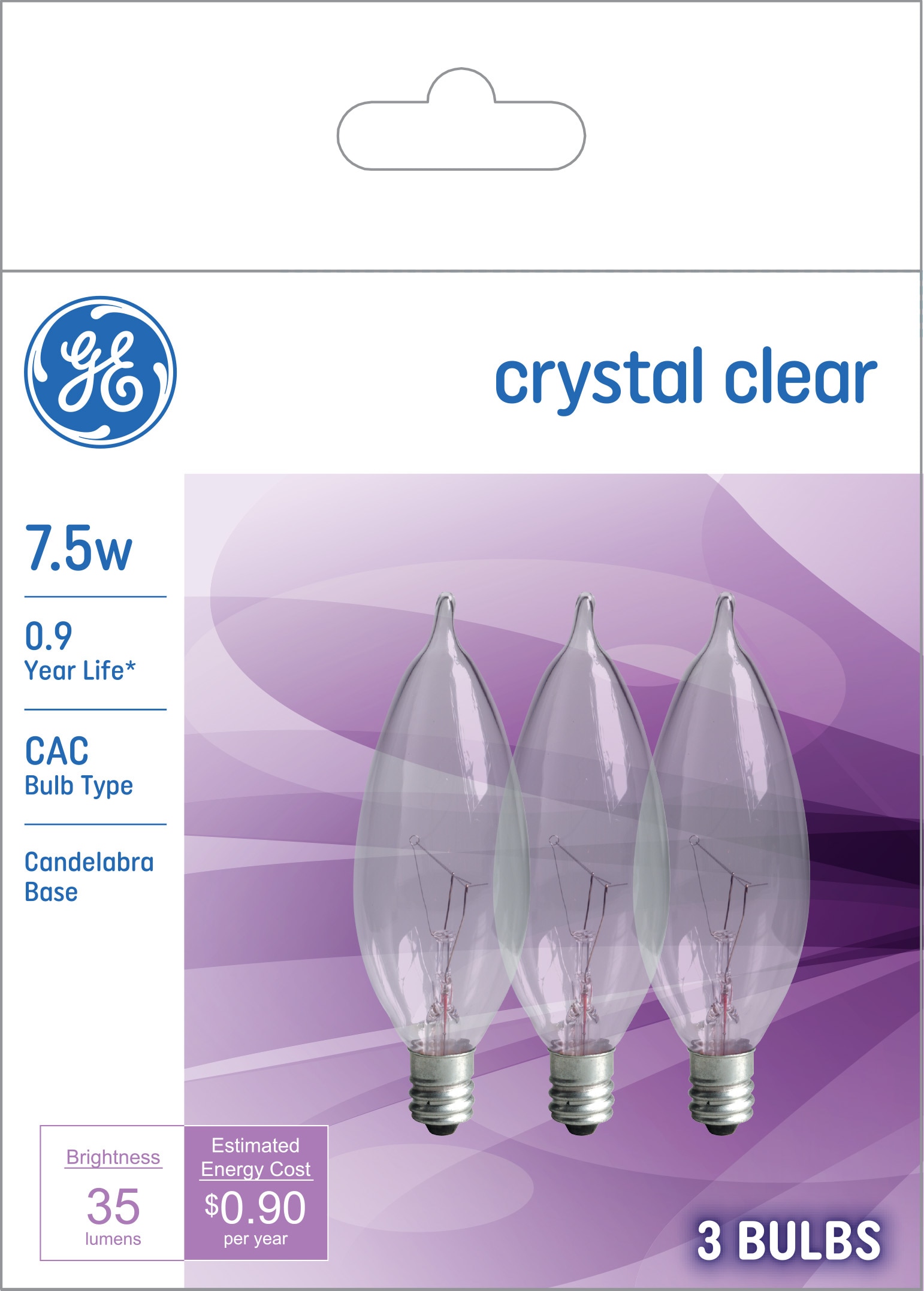 GE 93130616 Classic 7.5 -Watt EQ CA5 Soft white Candelabra base (E-12) Dimmable Incandescent Decorative Light Bulb 3 -Pack