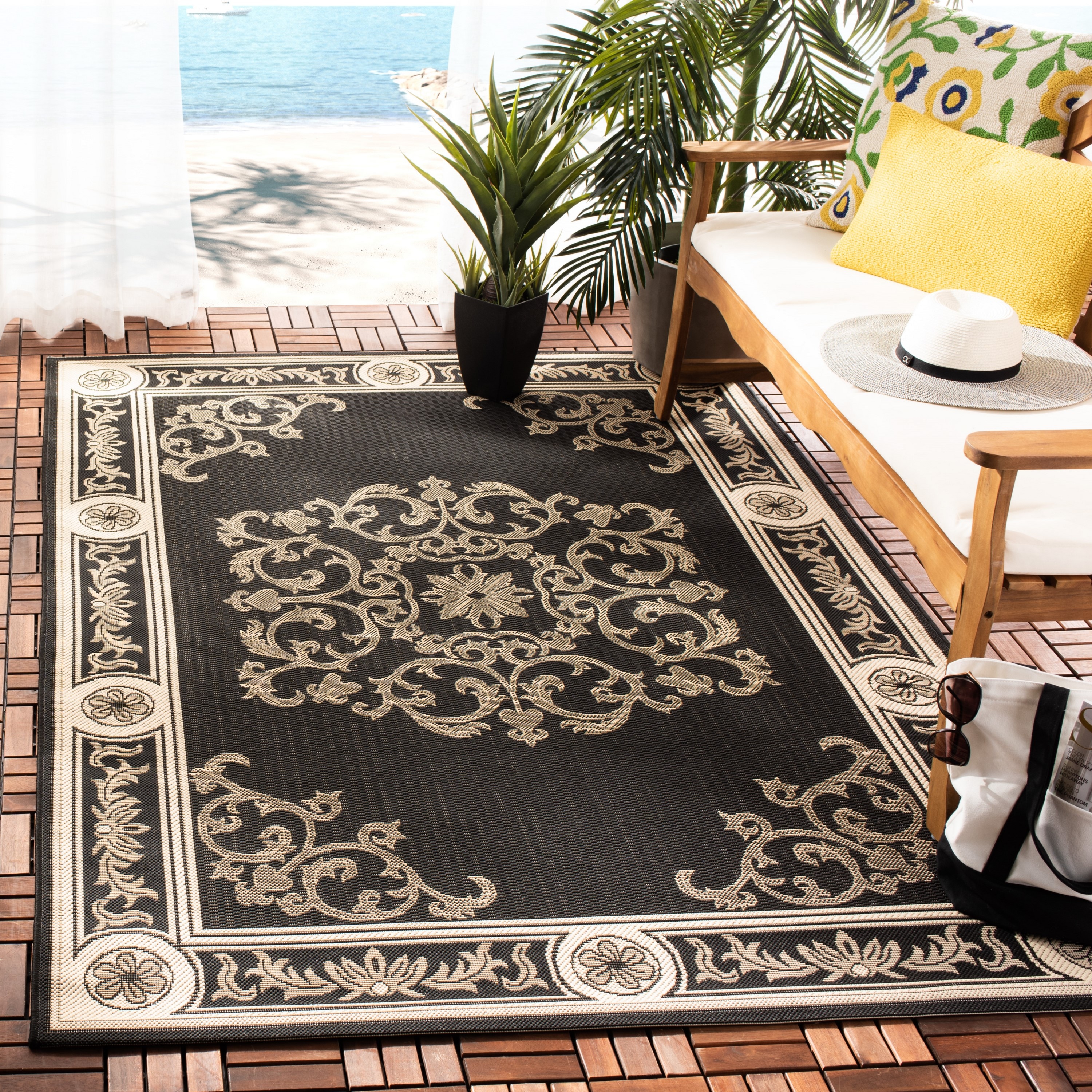Safavieh CY2914-3908-3 Courtyard Celeste 3 x 5 (ft) Loomed Polypropylene Black/Sand Rectangular Indoor/Outdoor Floral/Botanical Coastal Throw rug