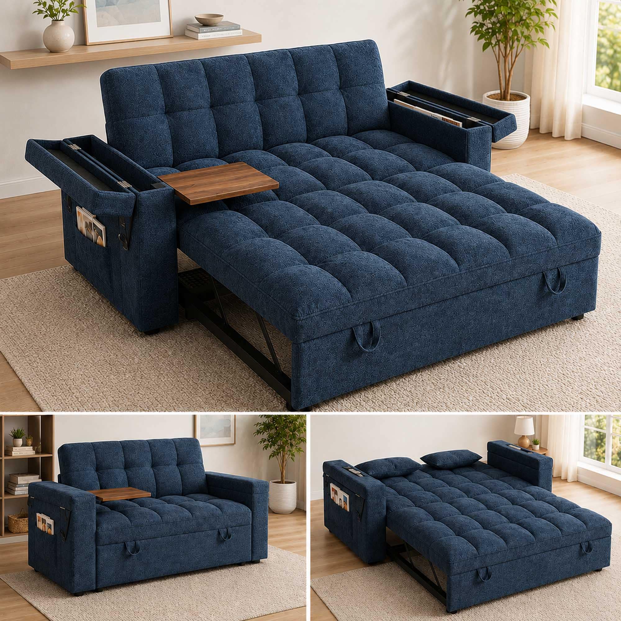 AUKFA 65 Inch 3-in-1 Foldable Sofa Bed with Table Board and USB - Chenille Double Couch with Storage Armrests and 5 Adjustable Backrest Positions for Living Room and Office - Blue