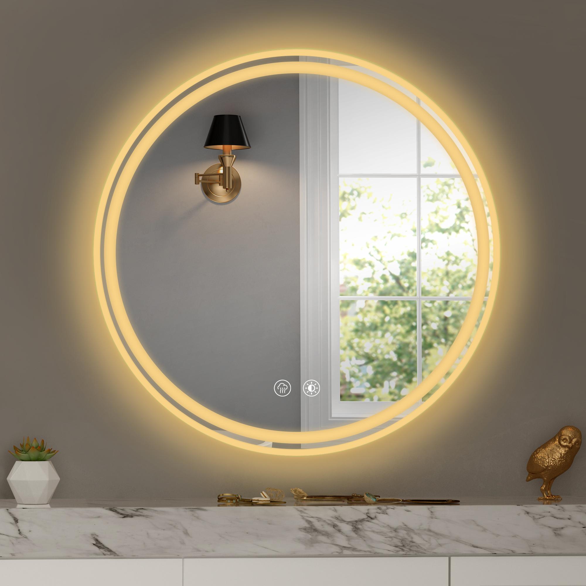 Bayfeve BF-22538-MIR 28-Inches x 28-Inches Polished Frameless Round Dimmable Lighted Fog Free Bathroom Vanity Mirror ( Silver )