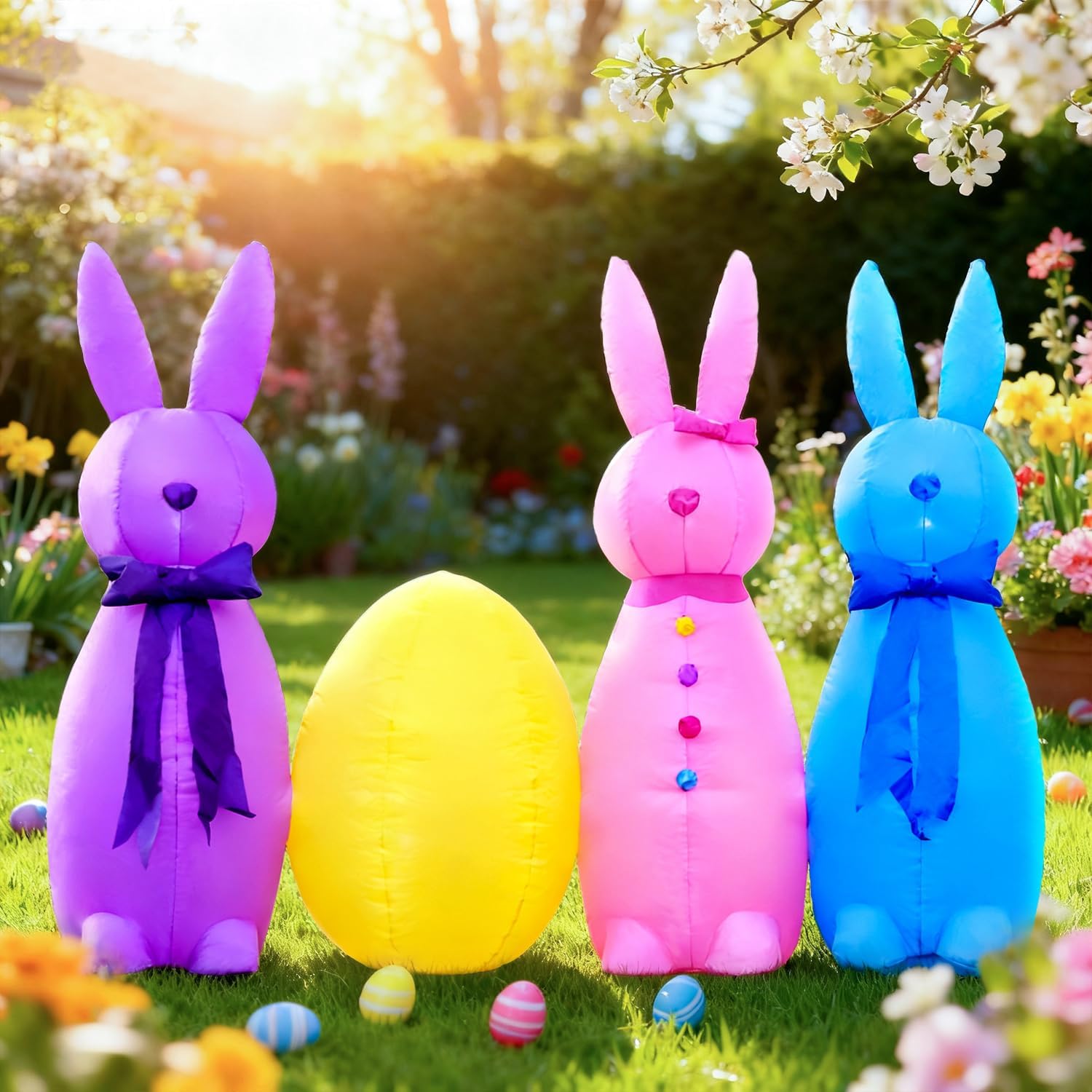 DomKom  6-FT Long Easter Inflatable Decoration Cute Bunny Built-in LED Lights Heavy Duty Blow Up Yard Decor for Easter Holiday Spring Outdoor Lawn Display Multi