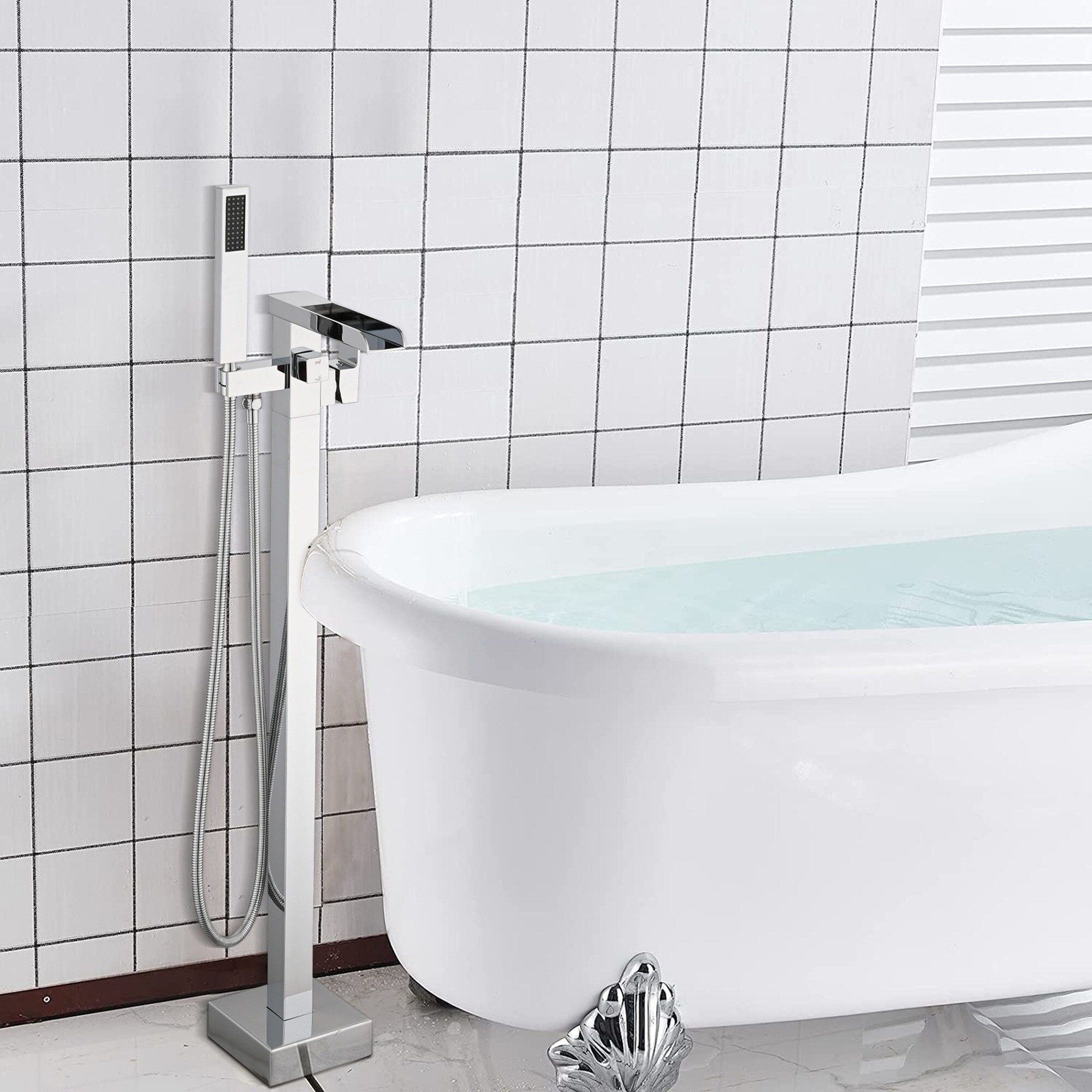 IAK Chrome Stainless Steel Freestanding Waterfall Tub Filler with Hand Shower