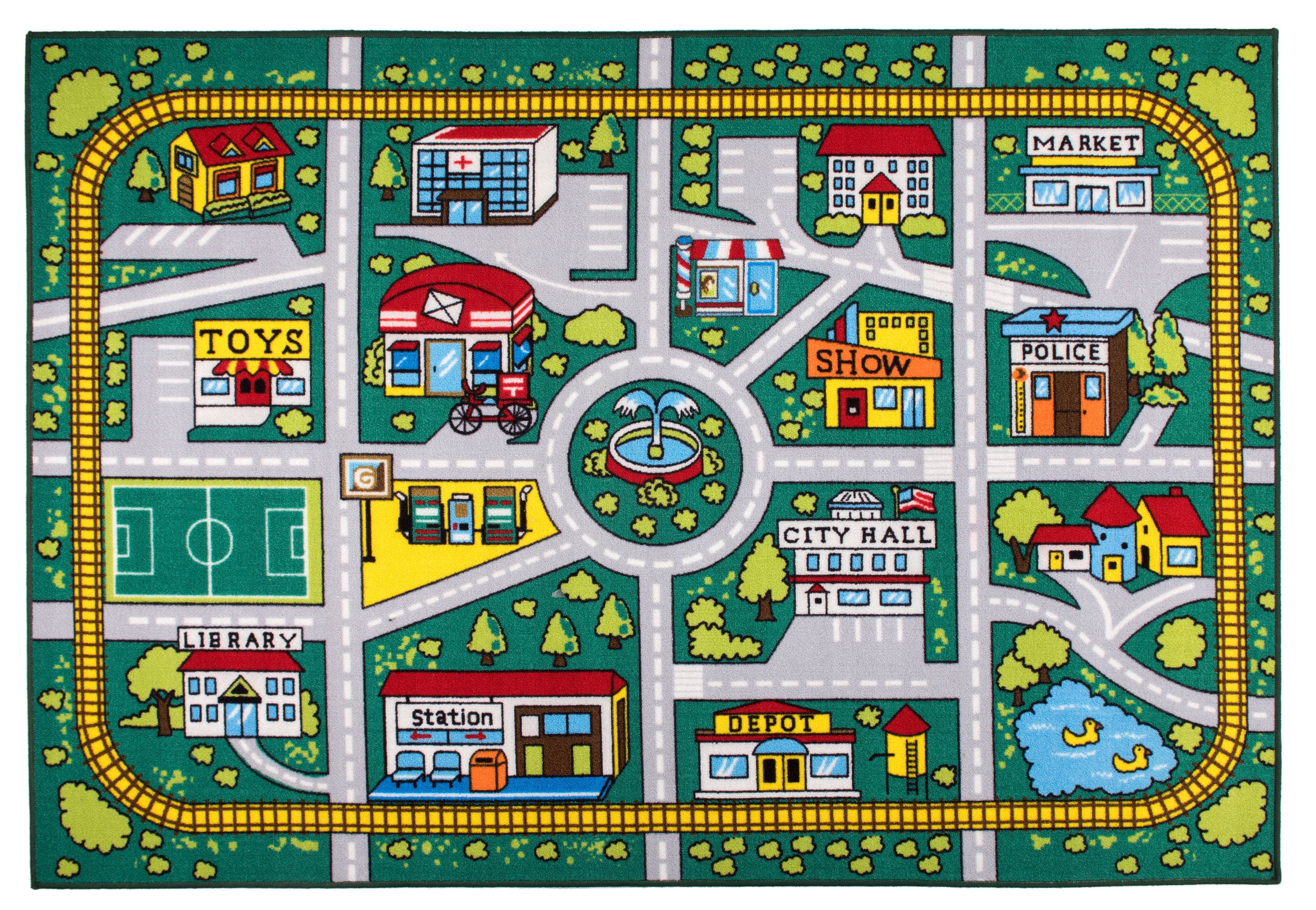 Green Nylon Kids Educational City Life Road Area Rug