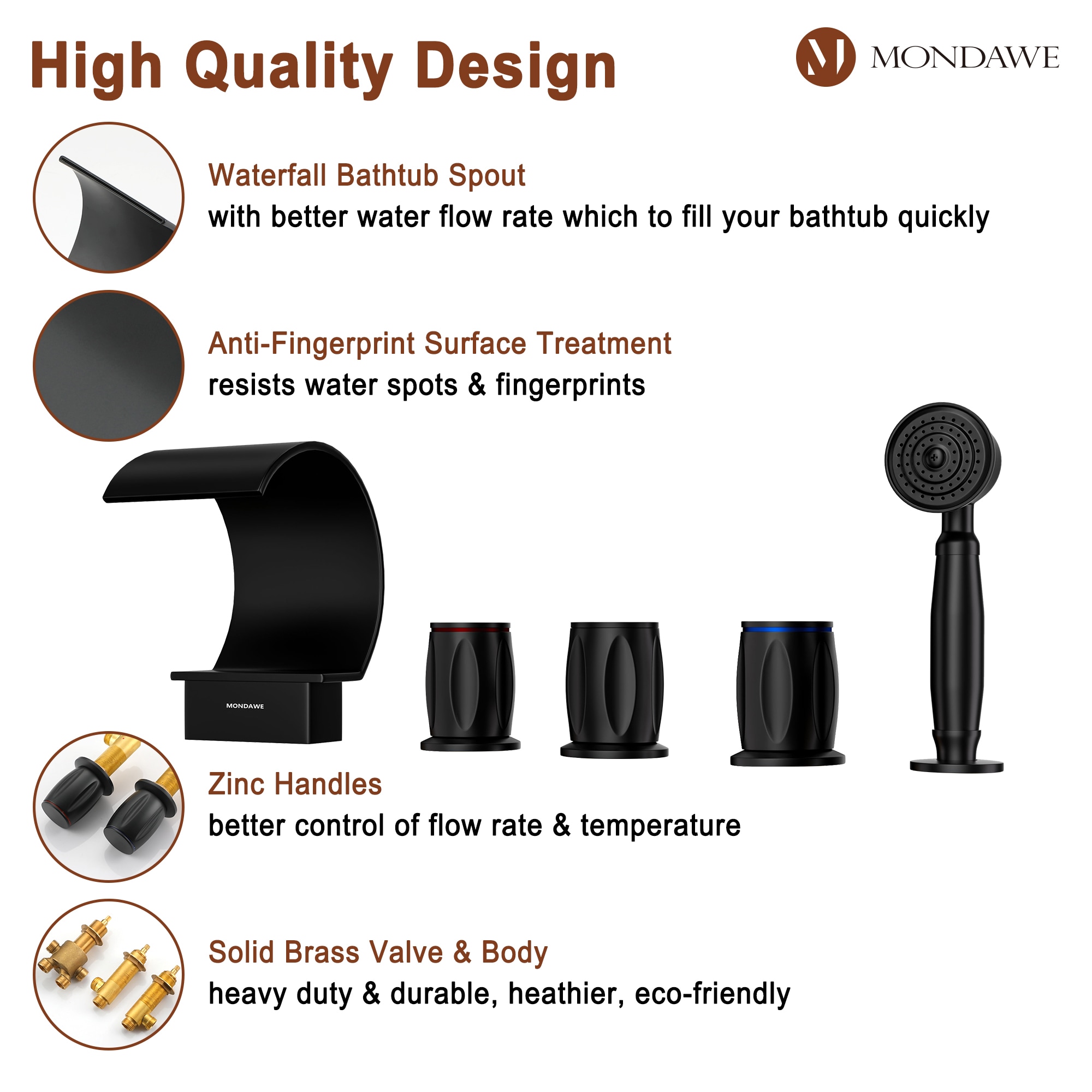 Mondawe Matte Black 3 Handle Deck Mount Roman Waterfall Bathtub Faucet With Hand Shower Valve 2633