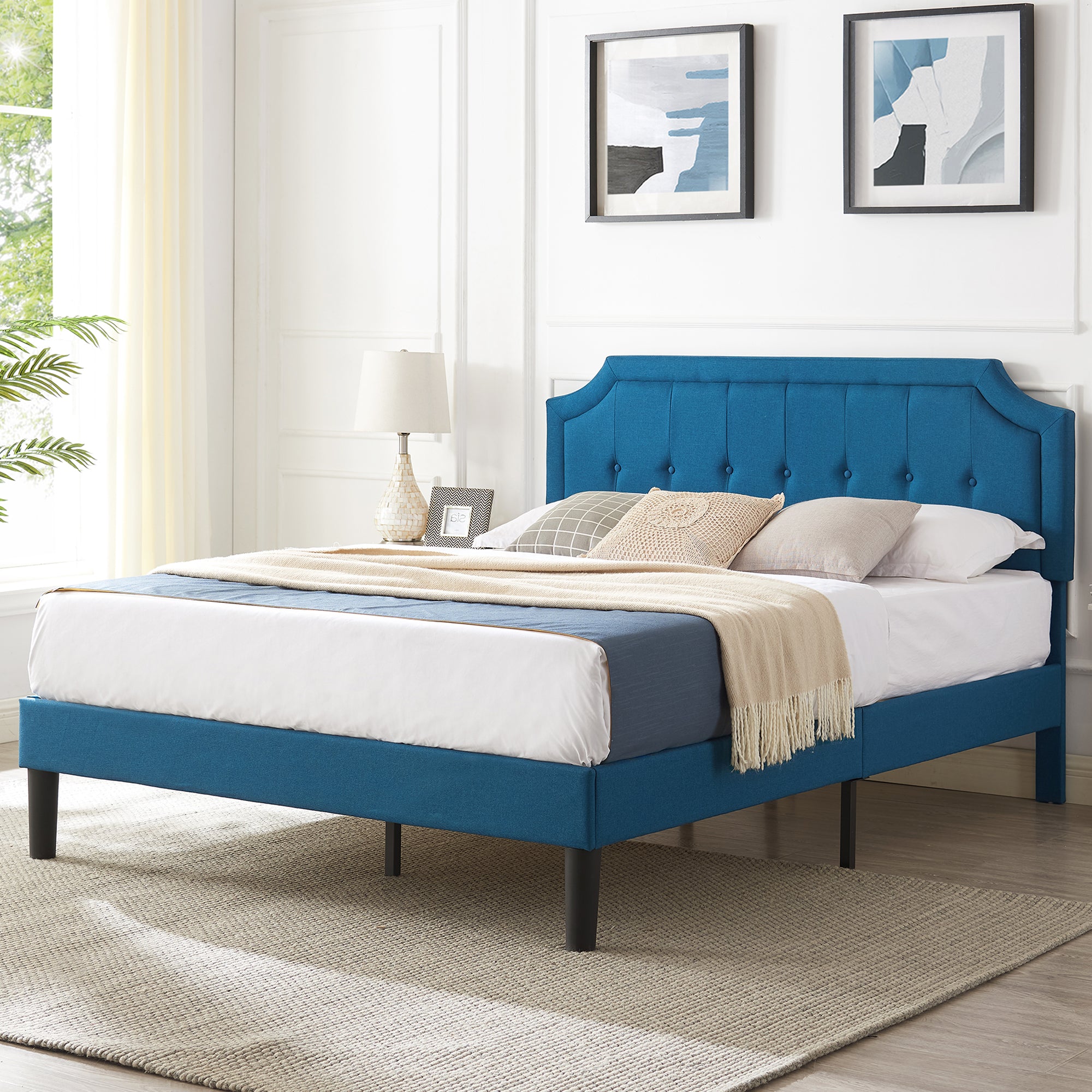 Vecelo LOE-BTJ-RQ02-BLU Queen Platform Bed Frame with Adjustable Upholstered Headboard and Wooden Slats Support Easy Assembly Blue