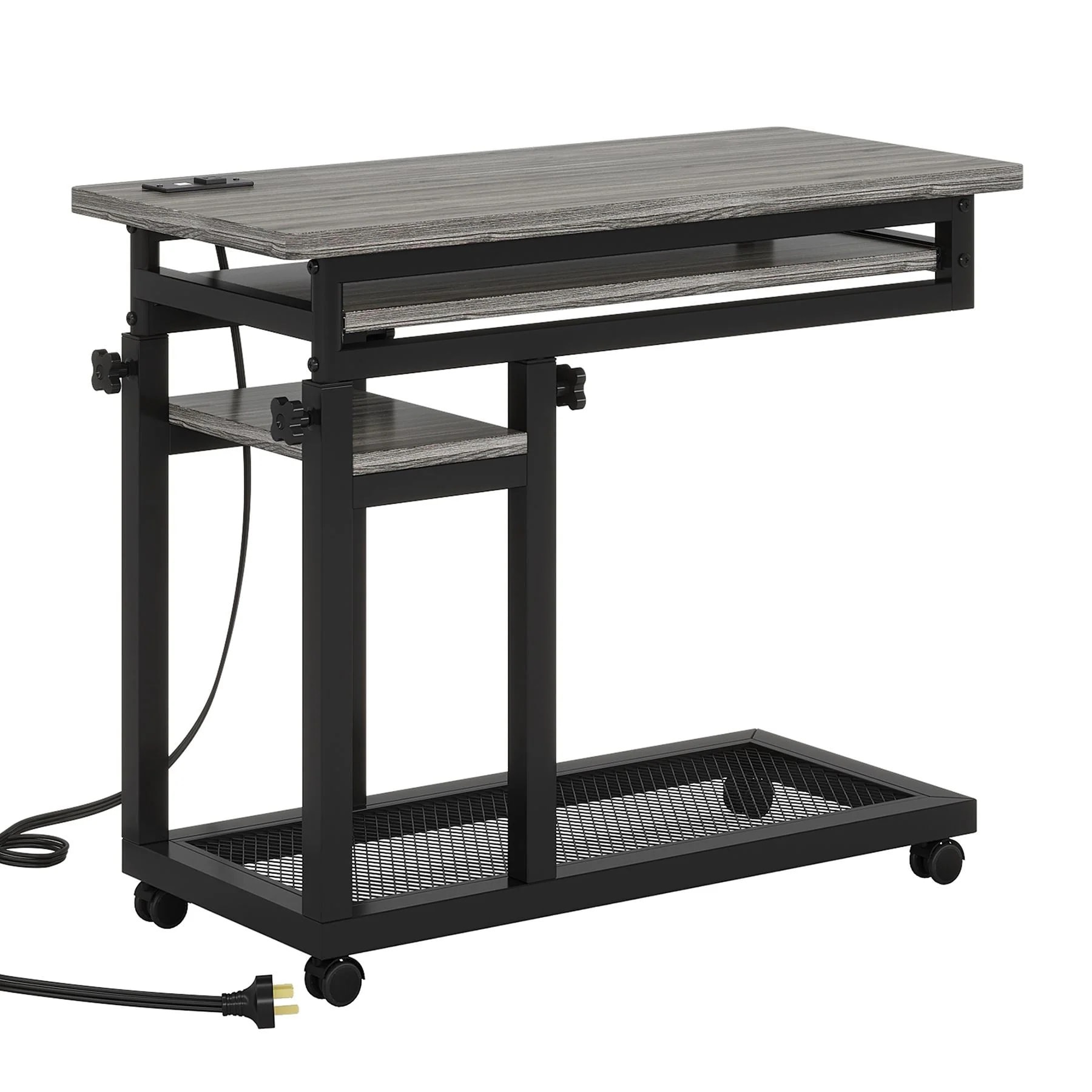 Slickblue Modern C Shaped Hight Adjustable End Table with Keyboard Tray and Charging Station for Living Room Sofa Laptop Table 31.5 in W x 45.28 in H Gray/ Brown/ Black