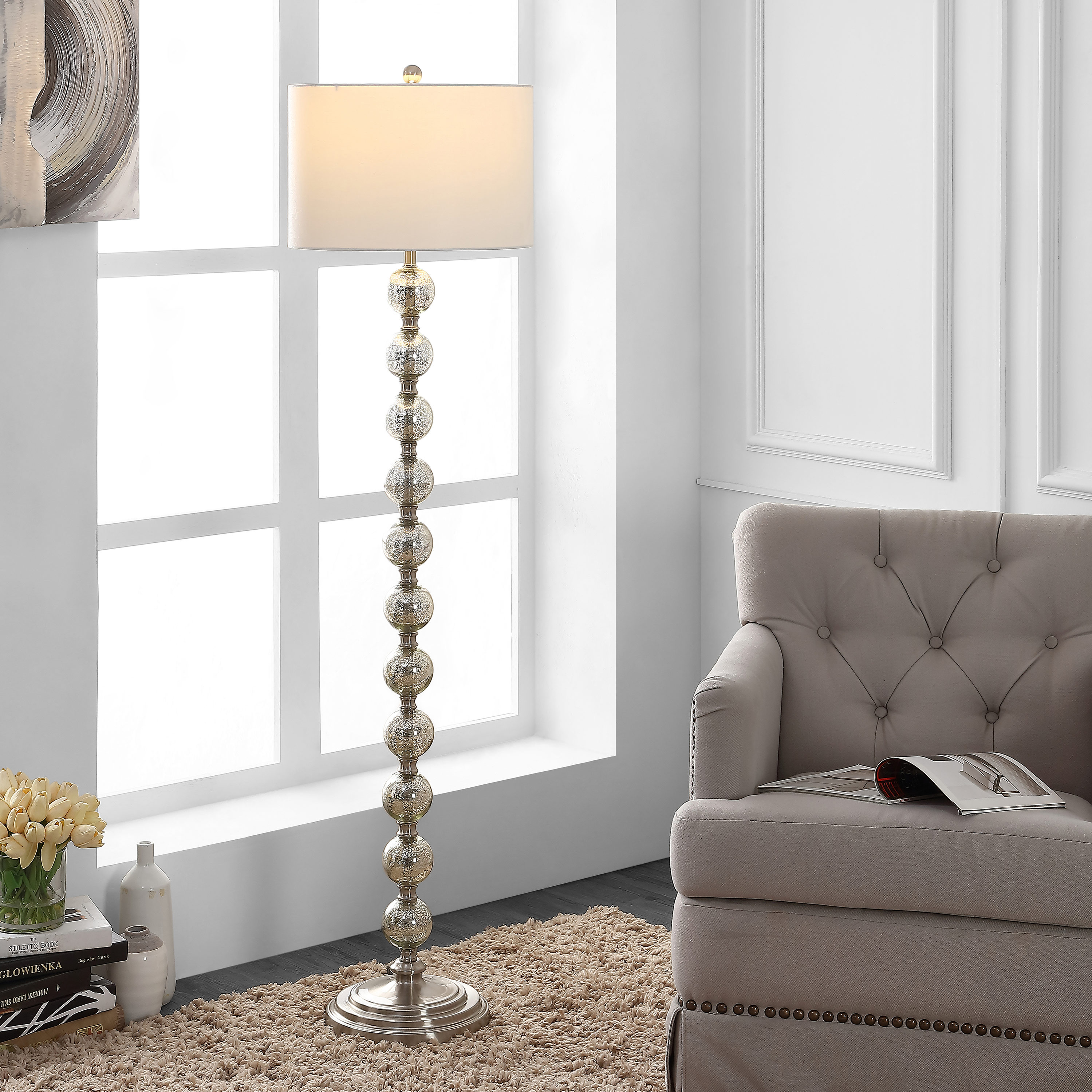 Elegant Adjustable White and Satin Nickel Floor Lamp with Metal Globes
