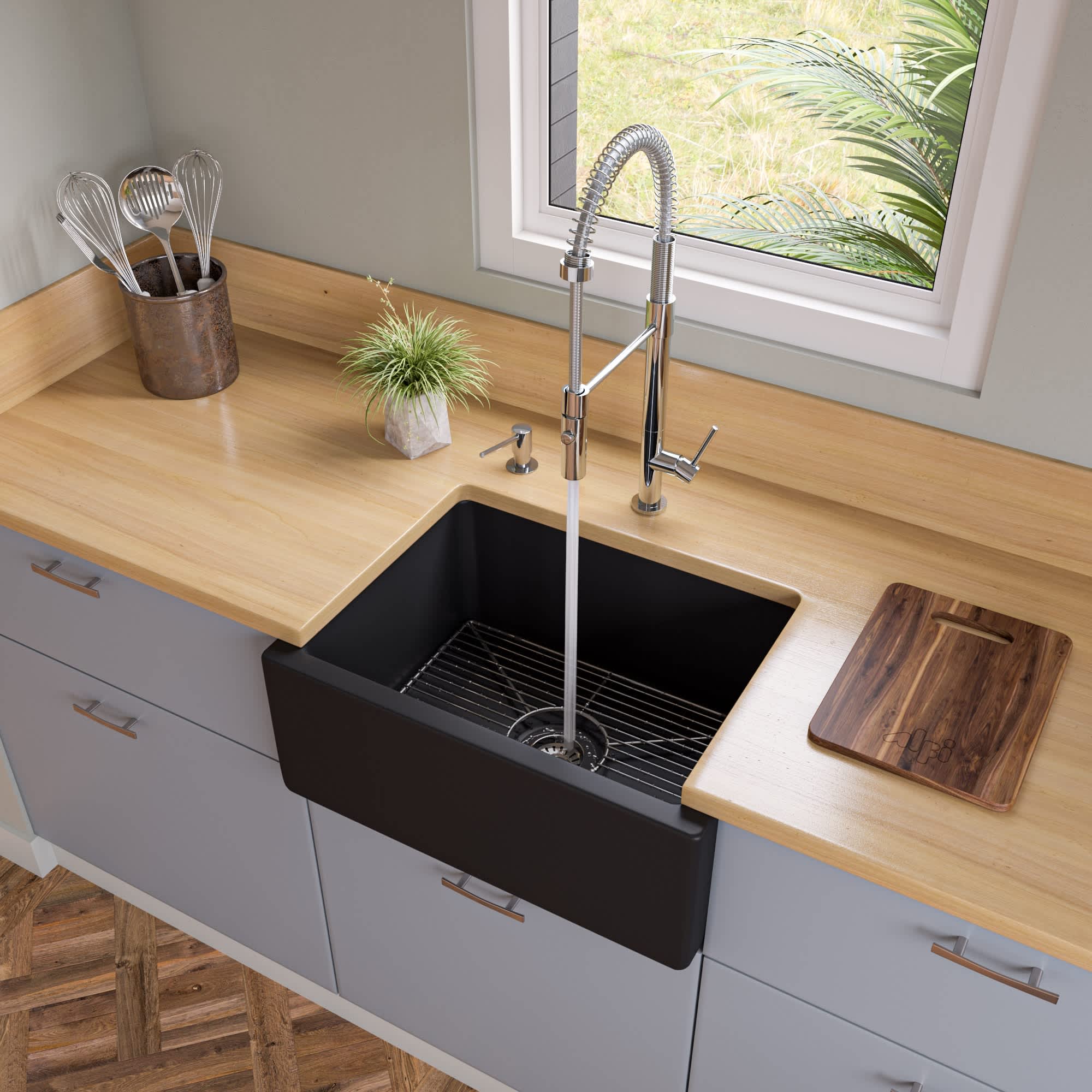 ALFI AB2418HS-BM 24-in Black Matte Reversible Smooth / Fluted Single Bowl Fireclay Farm Sink