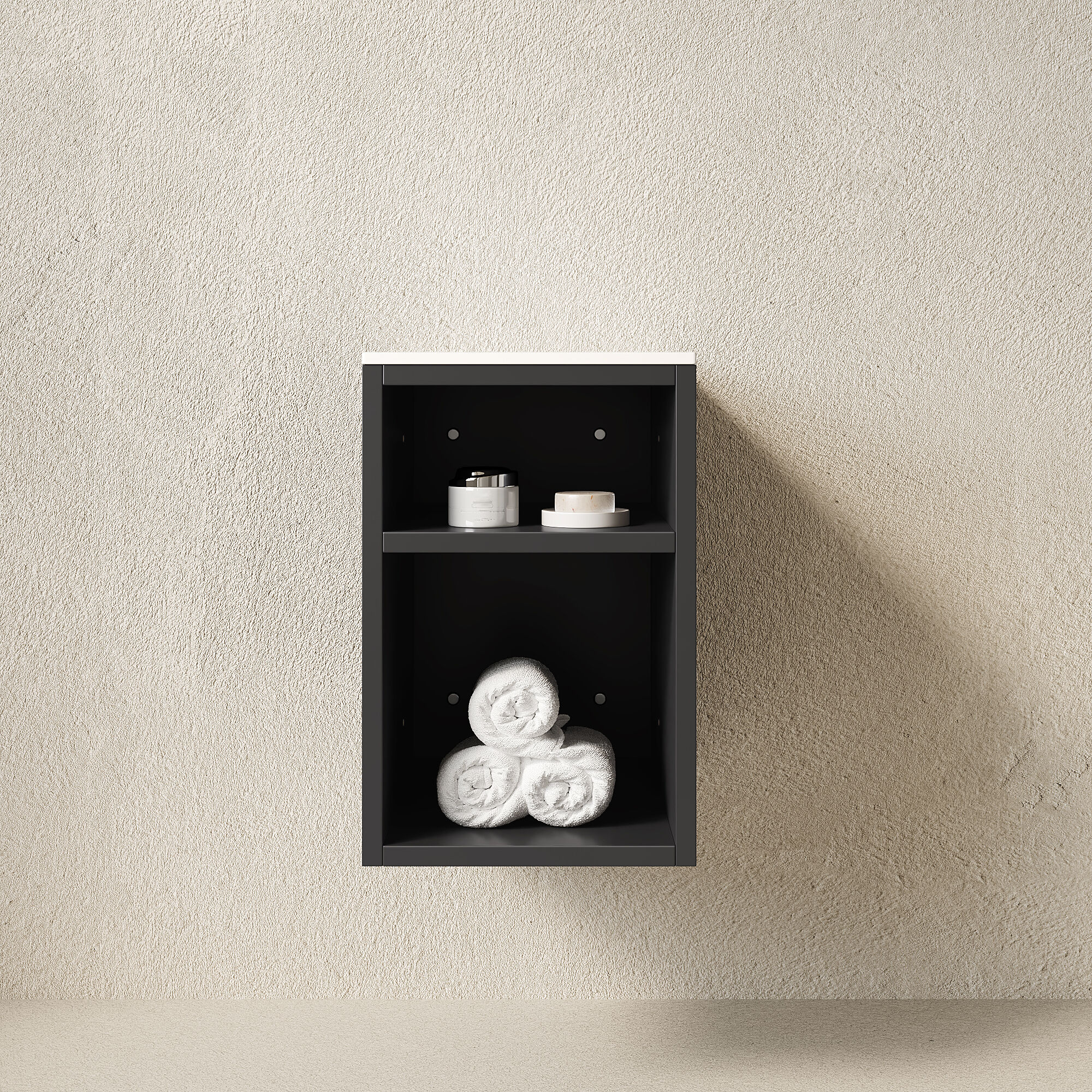Roomfitters  12 Inch Matte Black Narrow Bathroom Wall Mounted Side Storage Cabinet with Sintered Stone Top