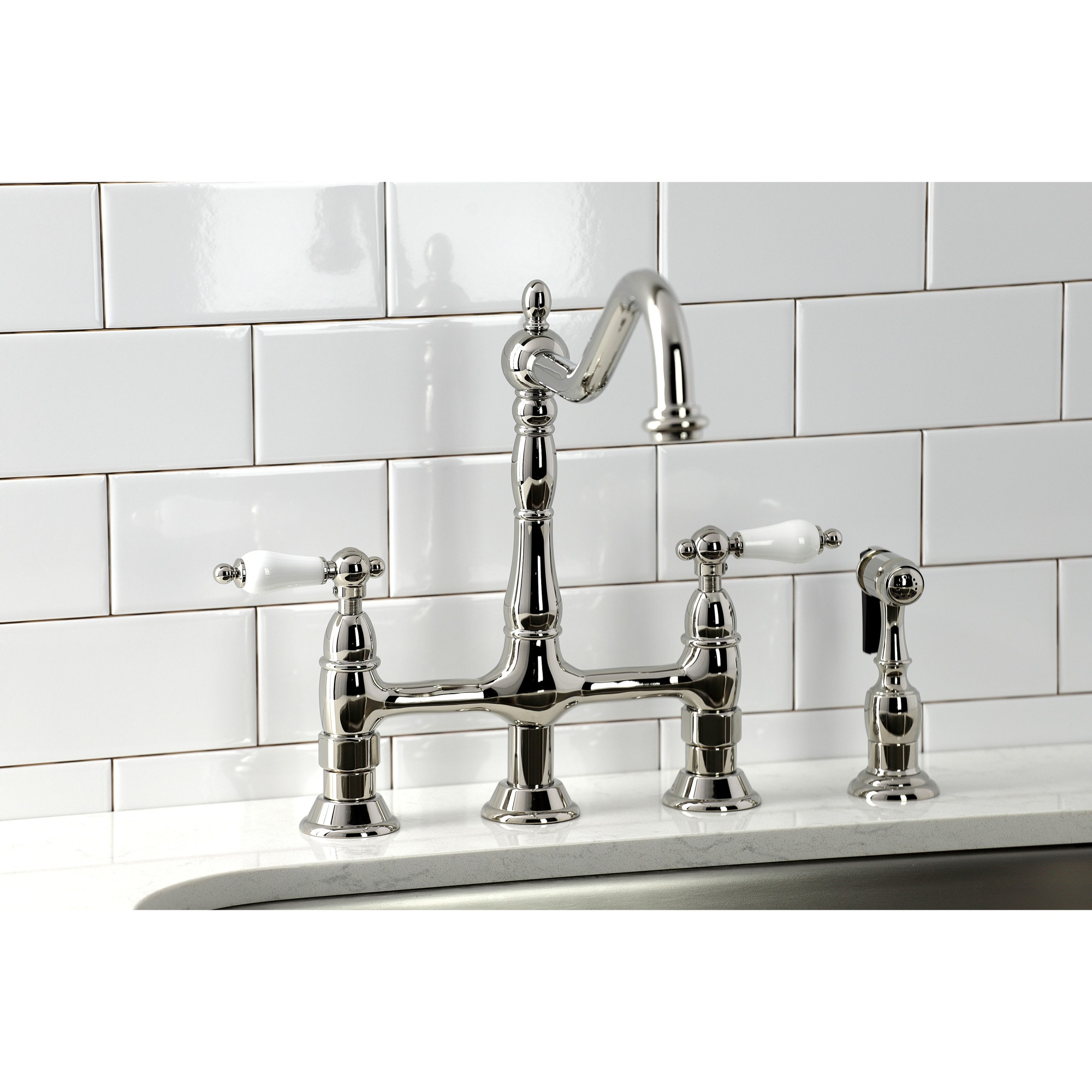 Kingston Brass WLKS1276PLBS Heritage Polished nickel Double Handle Deck-mount Bridge Kitchen Faucet with Sprayer ( Side Sprayer Included )