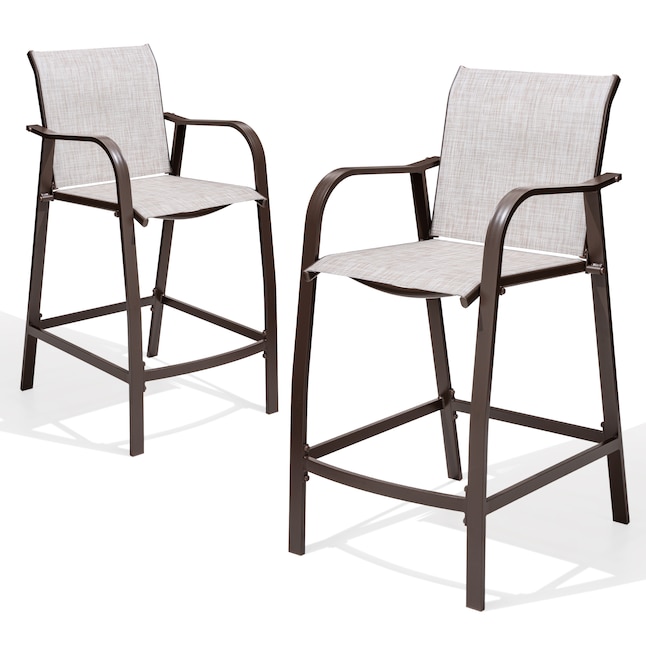 Crestlive Products Patio Bar Stools Chairs Set Of 2 Aluminum Frame In Antique Brown Finish Metal Stationary Stool Chair S With Off White Textilene Fabric Sling Seat The Department At - Sling Bar Height Patio Chairs