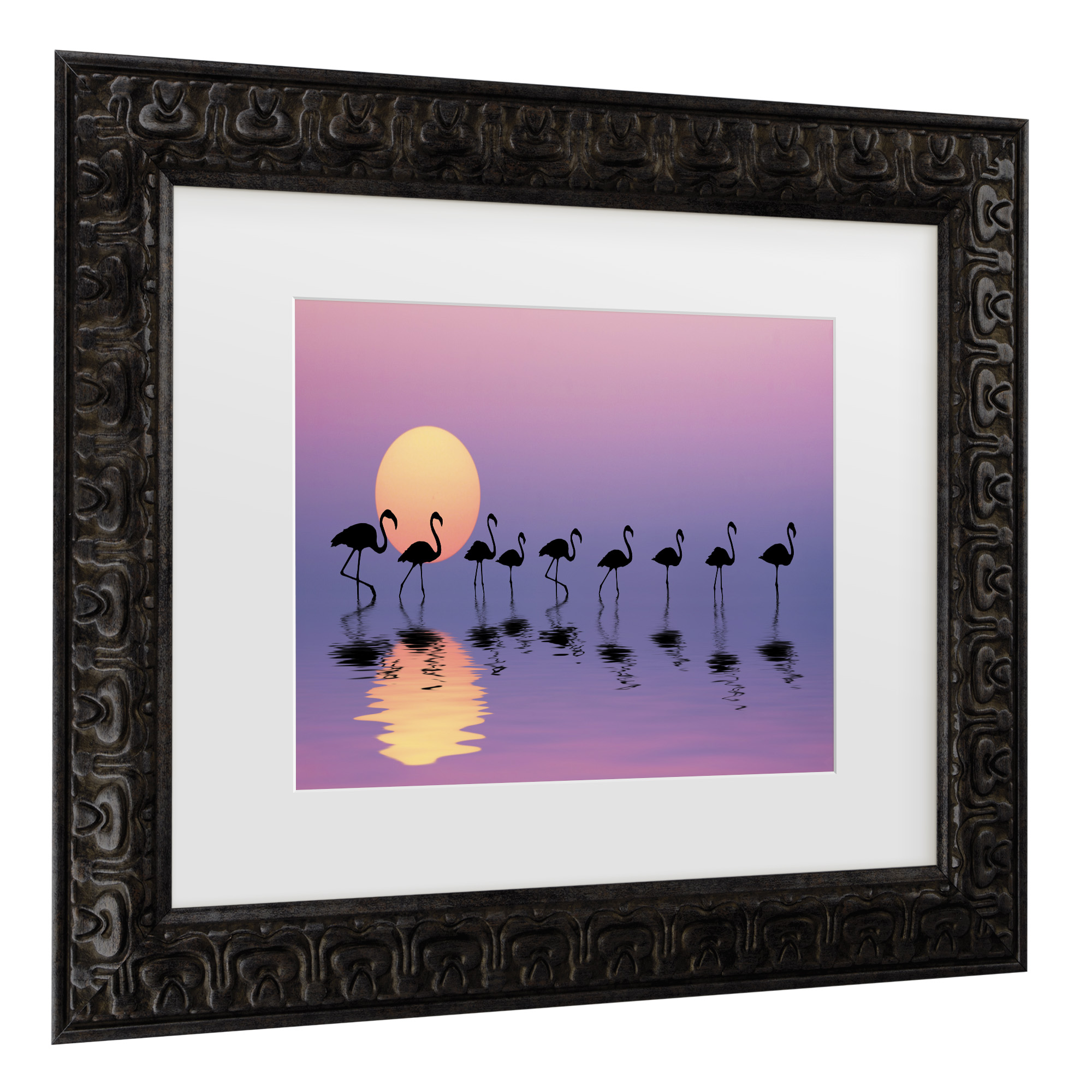 Dark Gold Framed Flamingo Sunset Canvas Print for Kids Nursery