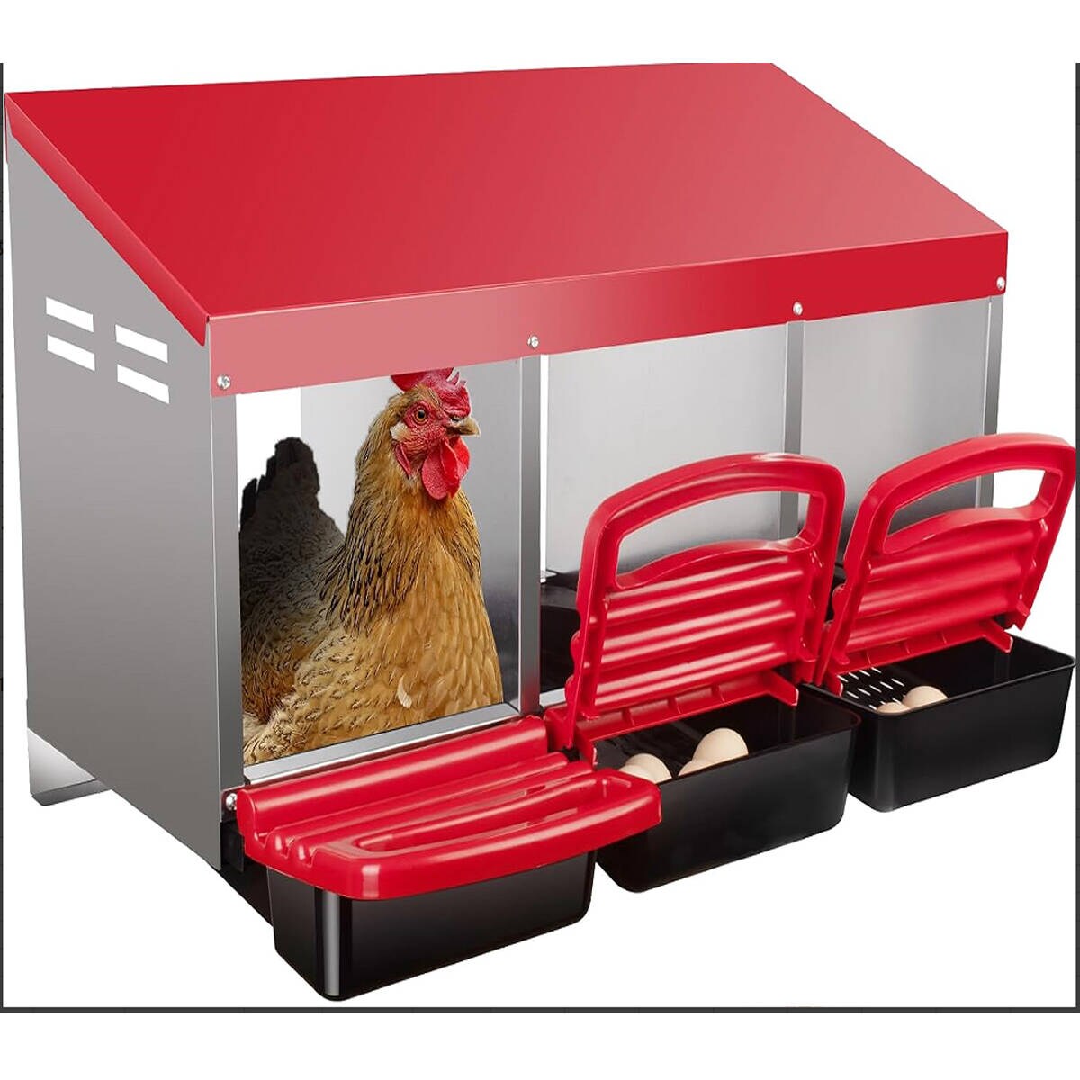 EvoTrim WLS-PPG-33EXCEM4 Chicken Nesting Boxes 3 Compartment Metal Roll Away Nest Box with Lid Easy Egg Collection Protective Cover