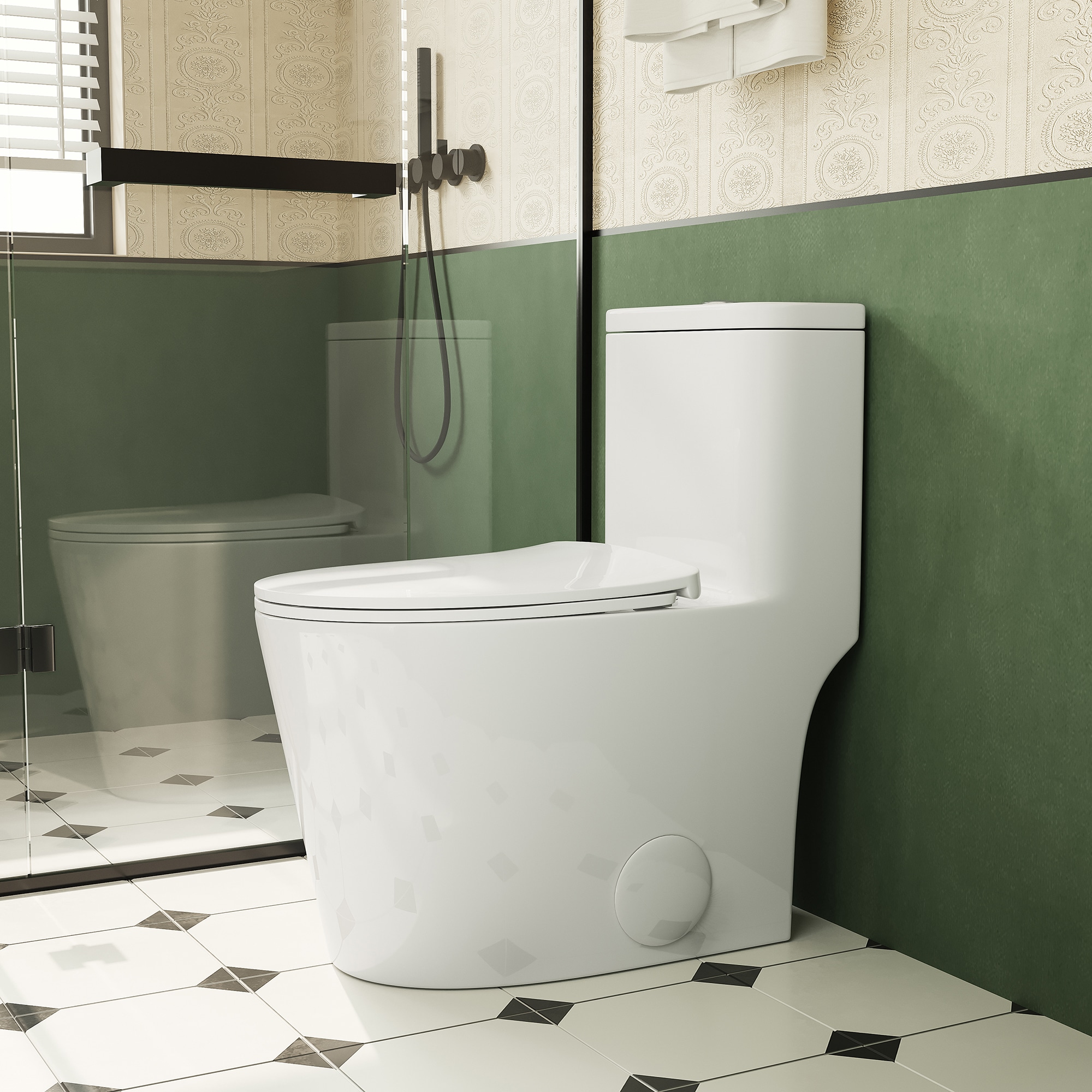 Vynxaria - White 1-piece Toilet Elongated Comfort Height 1.1/1.6 GPF Dual Flush Soft Close Skirted