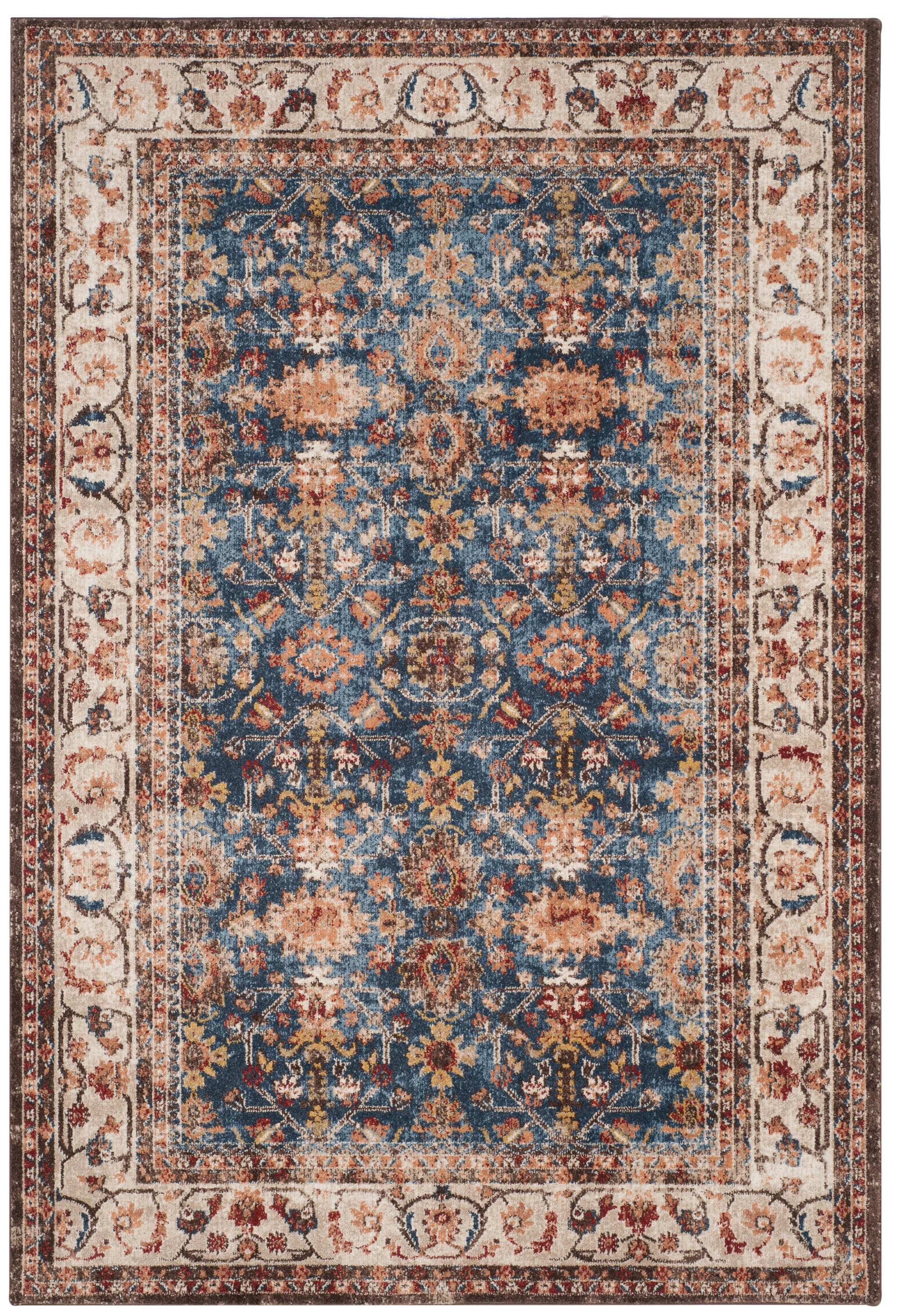 Royal Blue and Ivory Floral Motif Area Rug