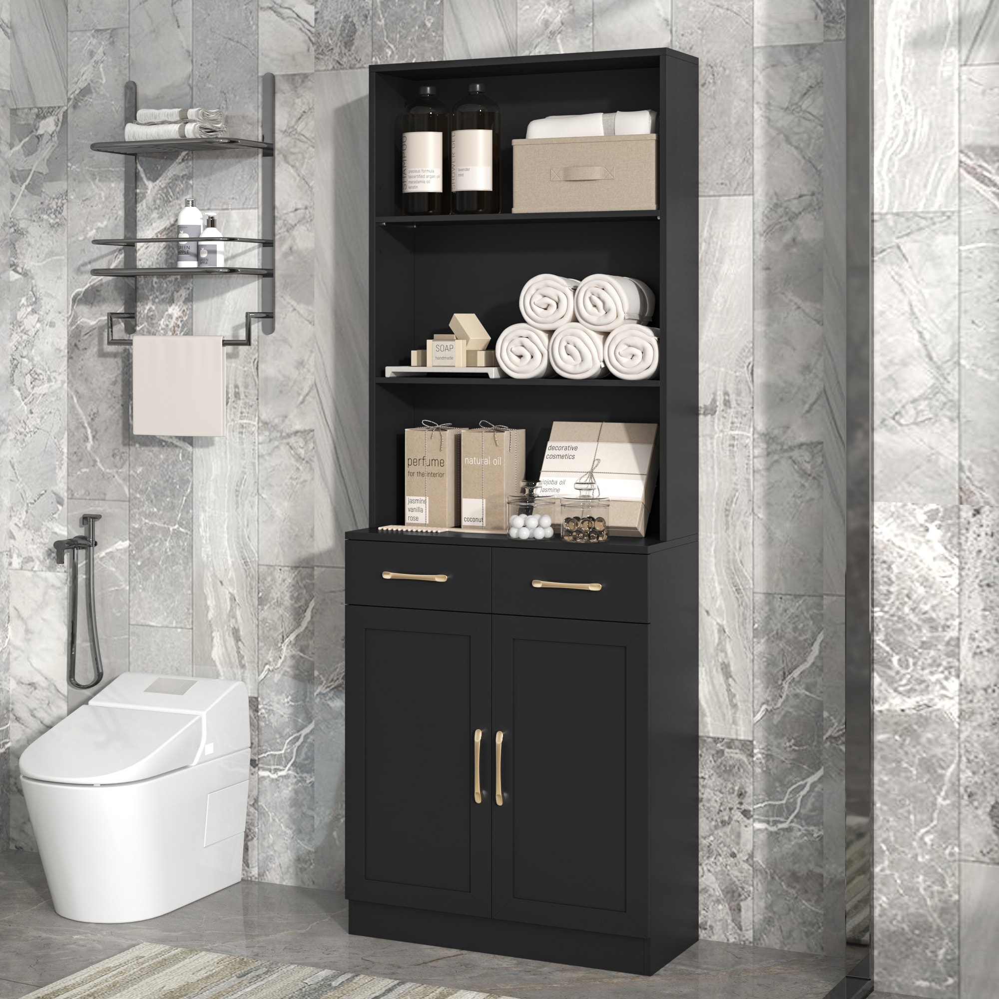 ModernLuxe L3P-N725P186645B Bathroom Storage Cabinet Cabinet with Two Doors and Drawers Adjustable Shelf Threelayer Open Shelf MDF Board Black
